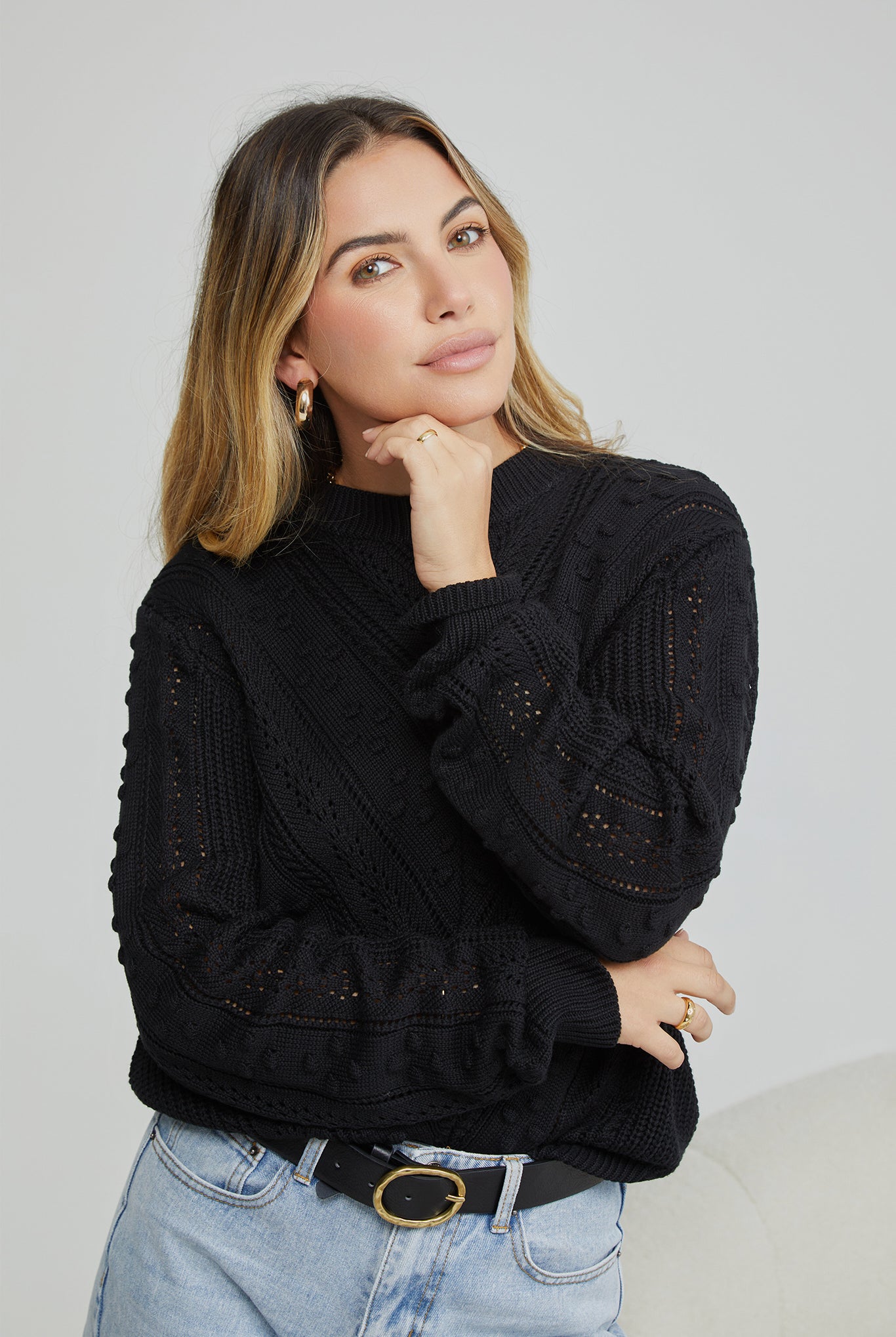 Rheane Knit in Black black all-over patterned knit jumper side view