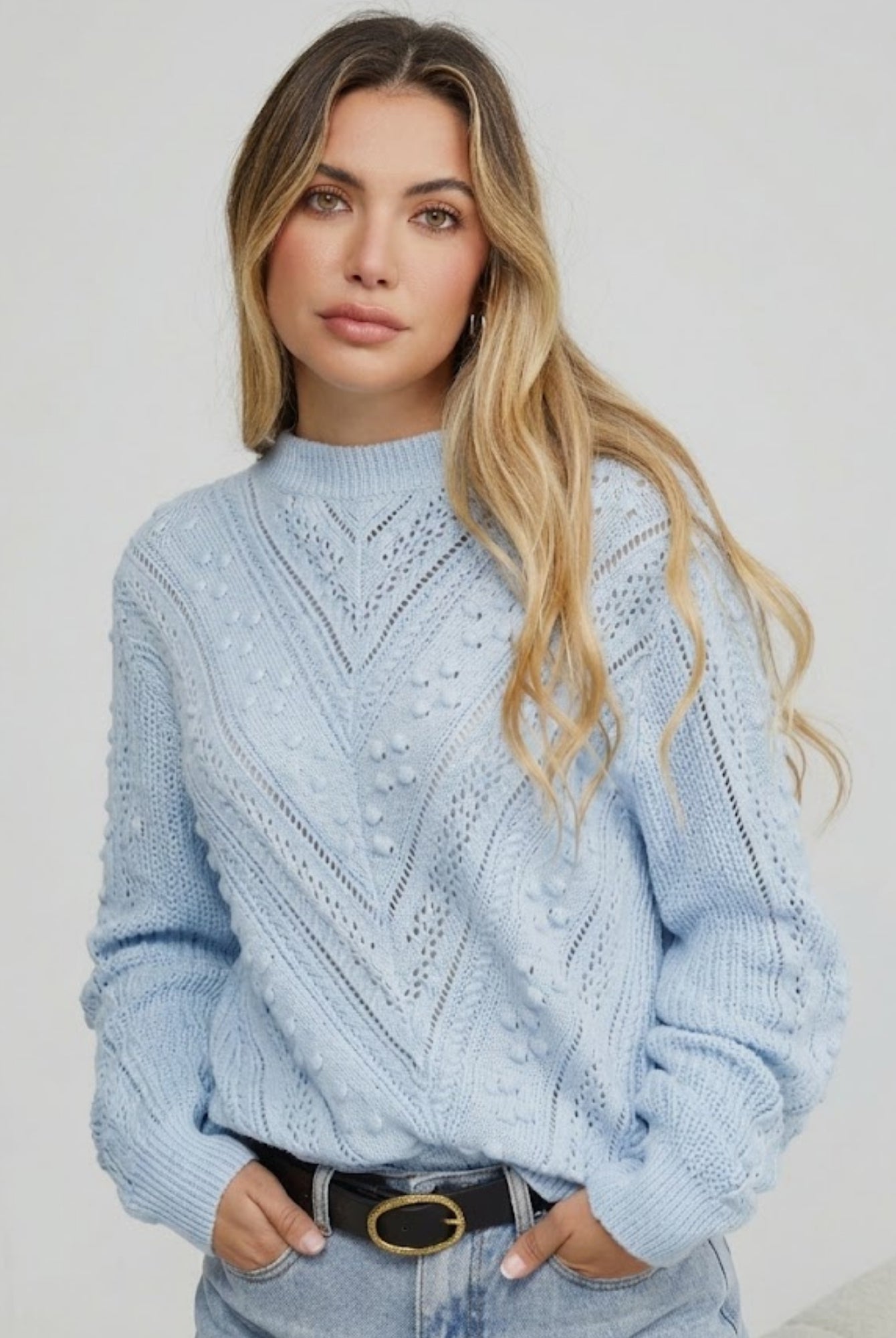 Rheane Knit in Blue blue all-over patterned knit jumper side view