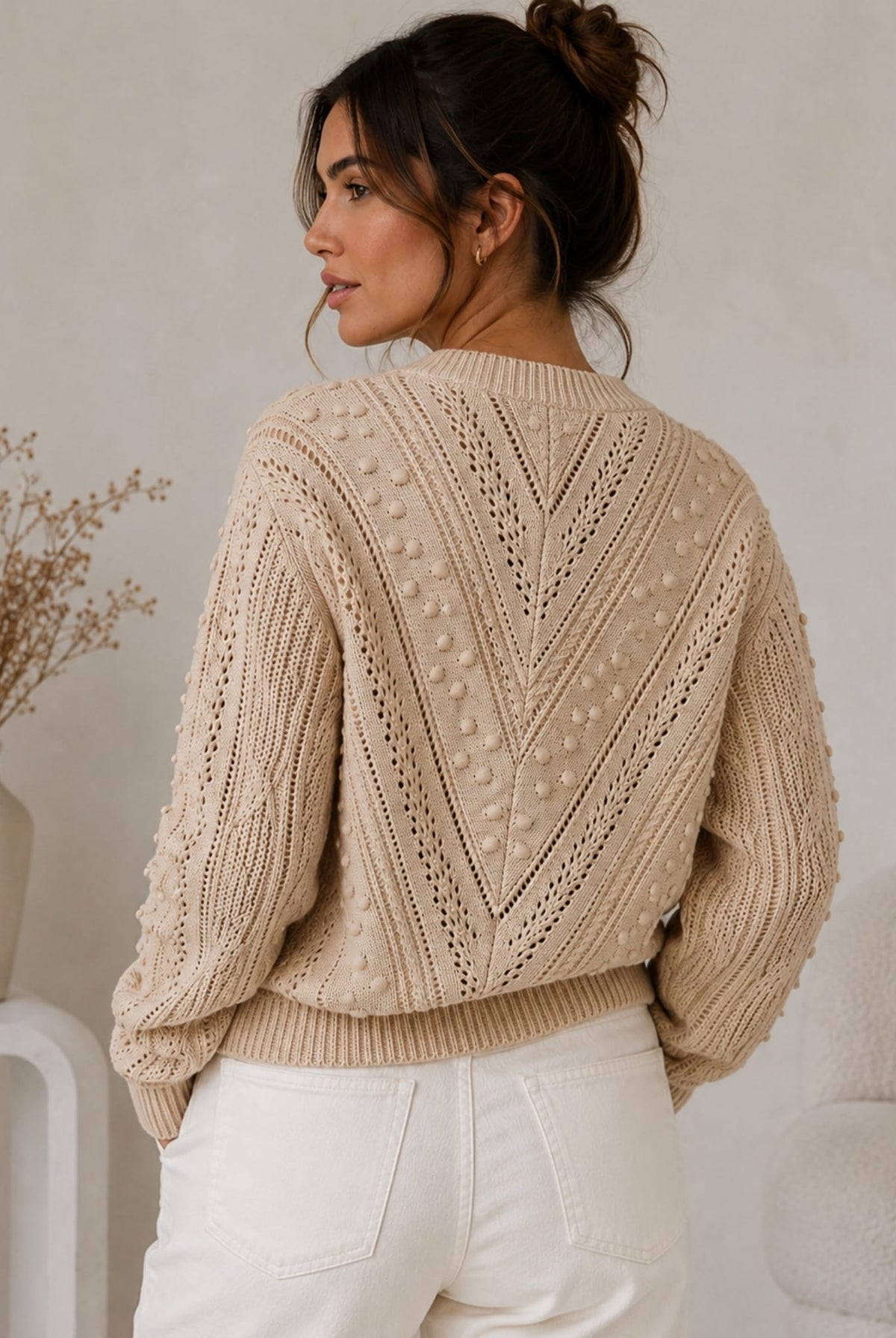 Rheane Knit in Latte — women's patterned knit jumper, front view
