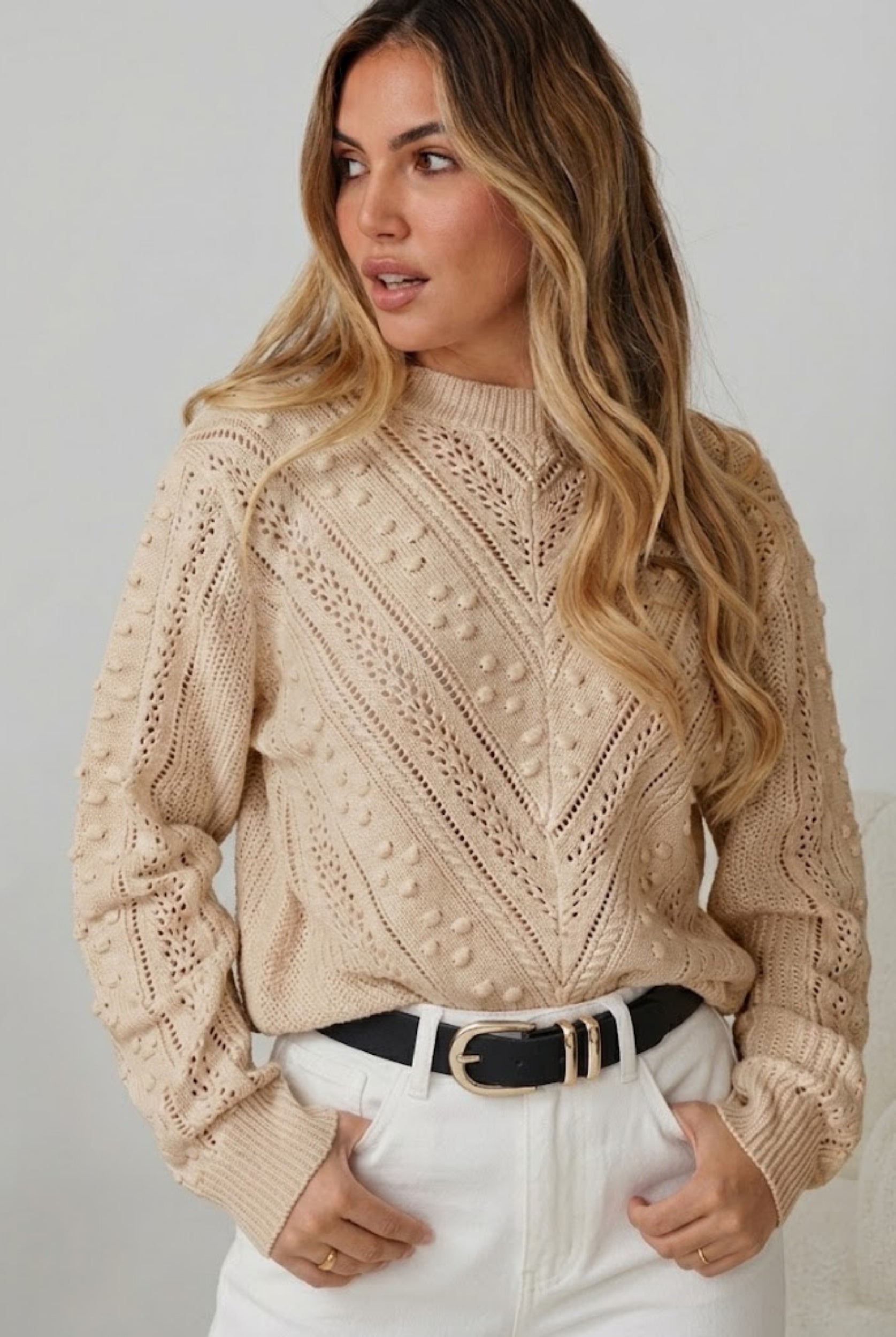 Rheane Knit in Latte womens patterned knit jumper in muted latte front view