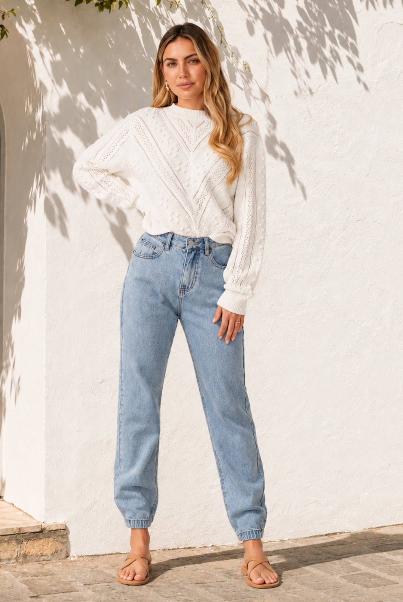 Women's white patterned knit jumper with round neckline, the Rheane Knit in White by Esther & Co