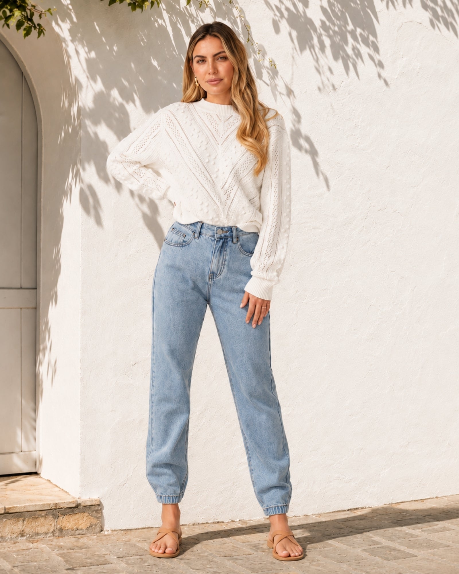 Women's white patterned knit jumper with round neckline, the Rheane Knit in White by Esther & Co