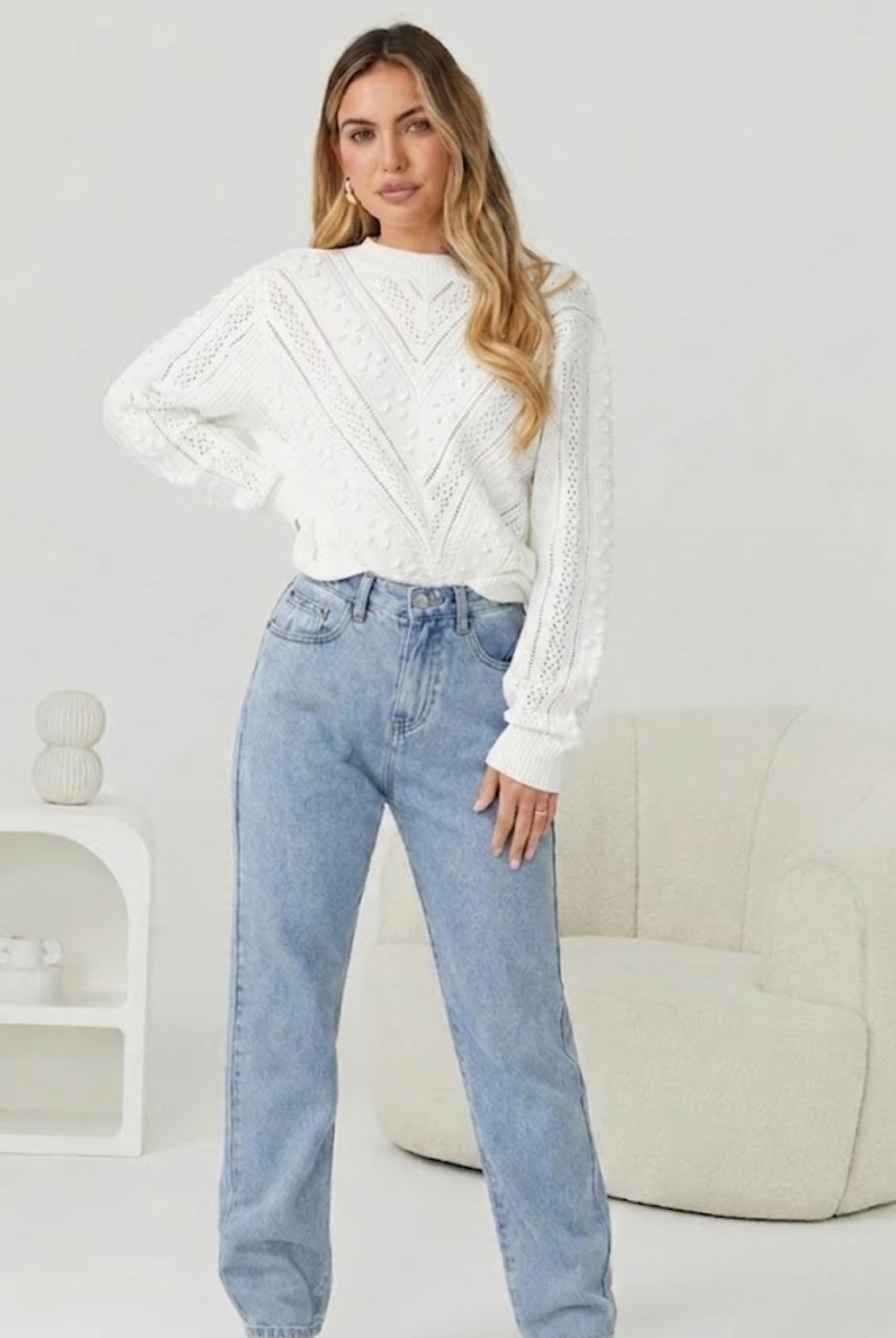 Rheane Knit in White white intricate patterned knit jumper full length