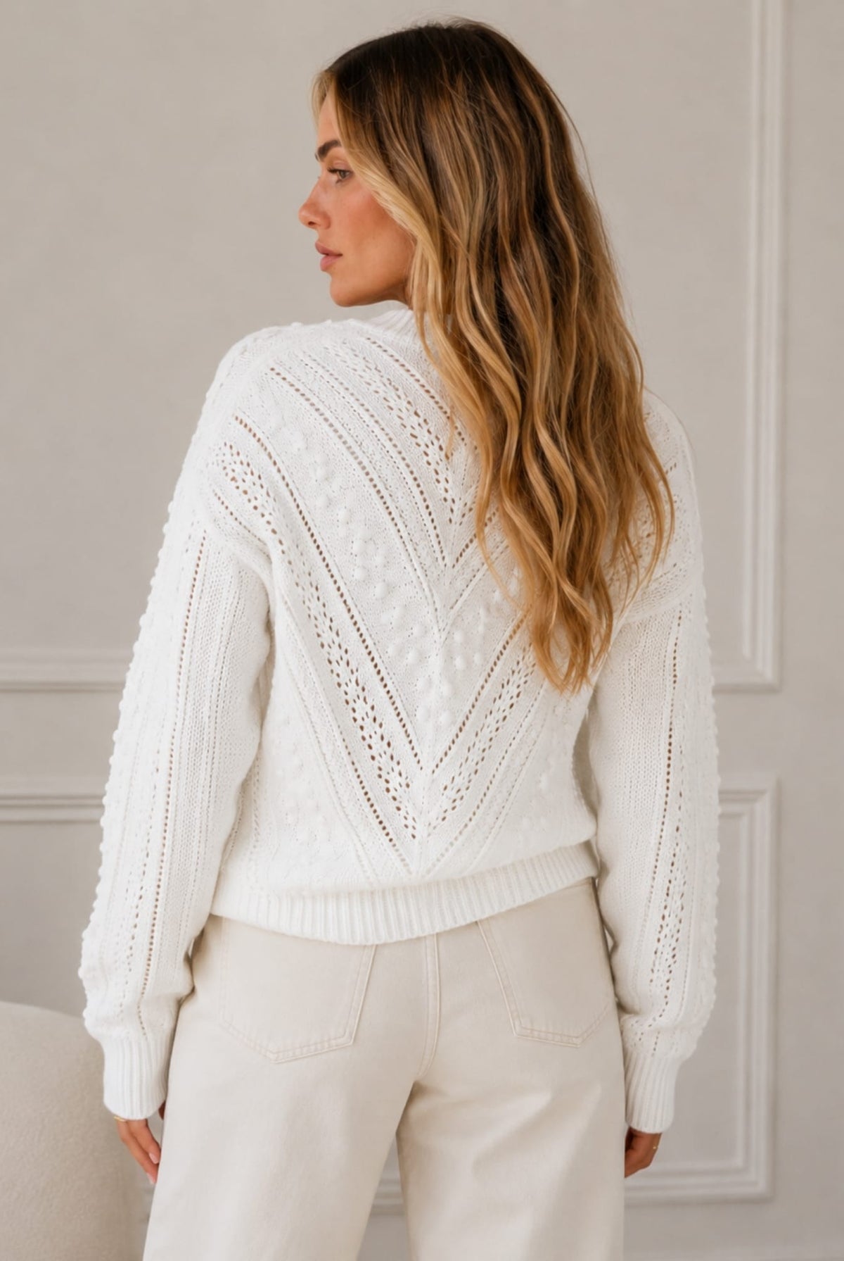 Rheane Knit in White — women's patterned knit jumper, front view