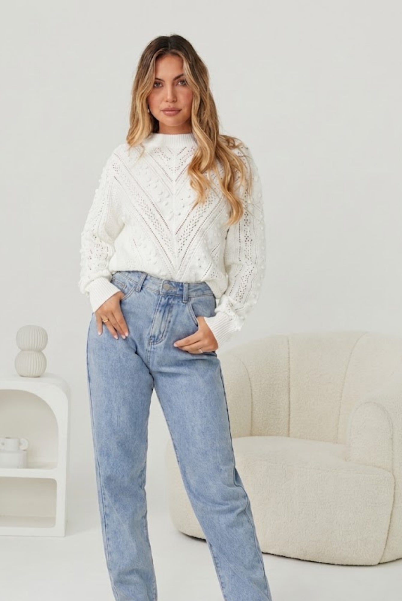 Rheane Knit in White womens white relaxed patterned knit back view