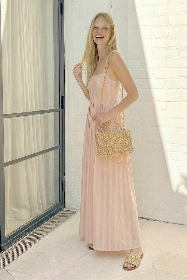 Women's pink stripe maxi dress styled outfit by Esther & Co