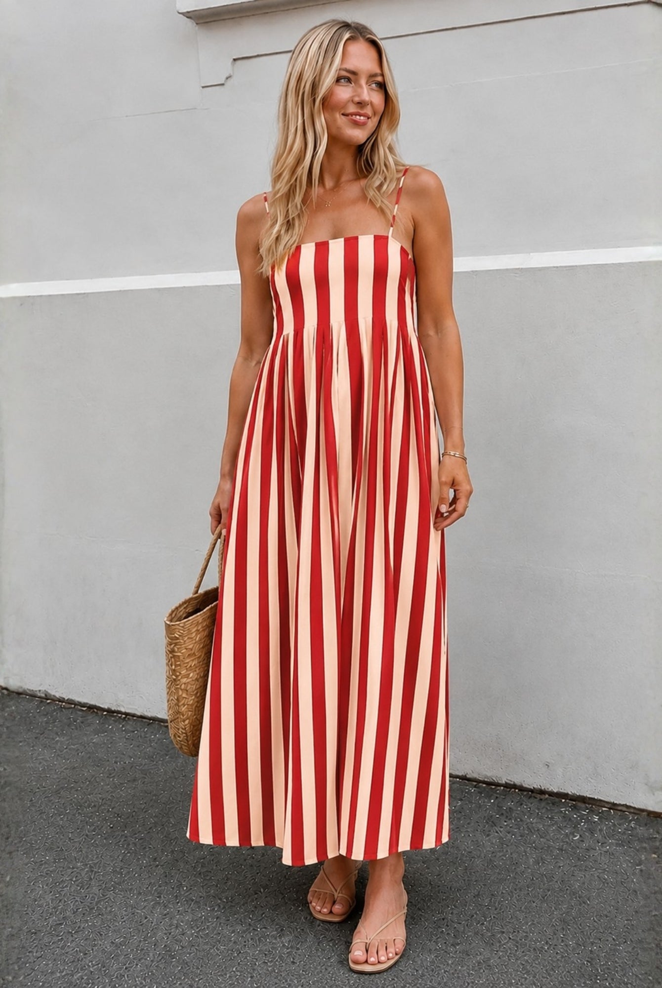 Women's red and white striped maxi dress, the Rhiannon Dress in Red Stripe by Esther & Co
