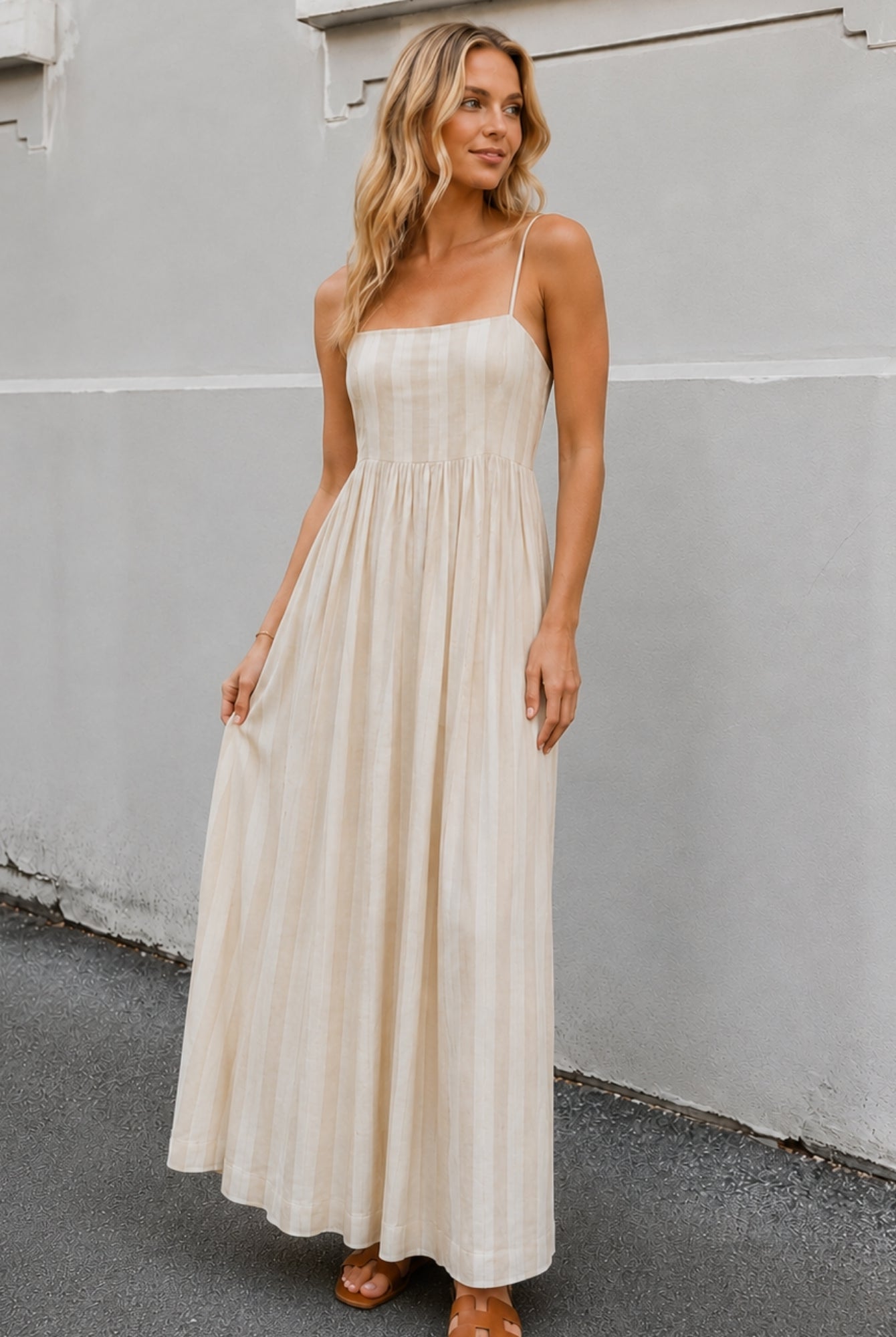 Women's beige stripe maxi dress front view by Esther & Co