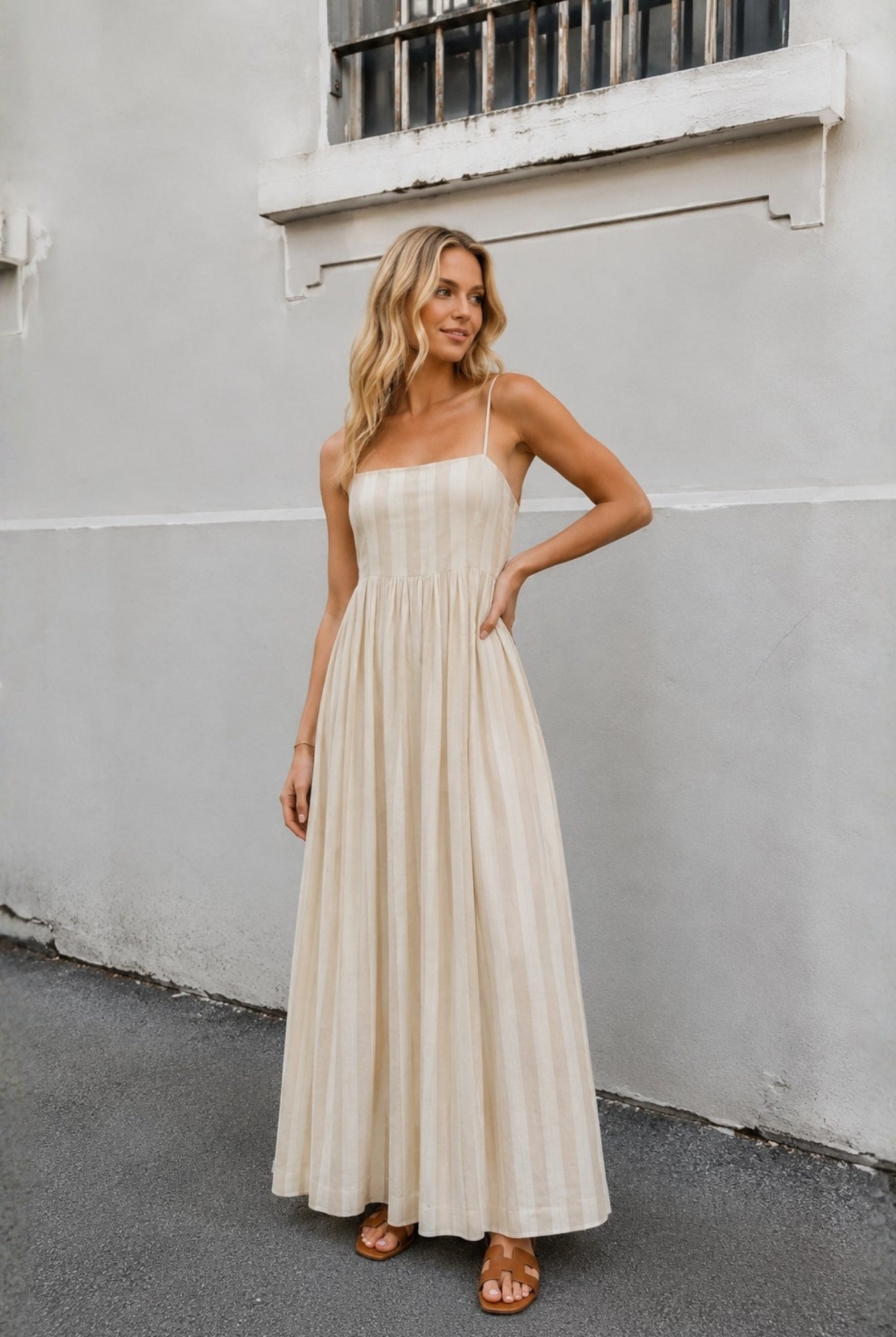 Women's beige stripe square neck maxi dress, the Rhiannon Dress in Beige Stripe by Esther & Co
