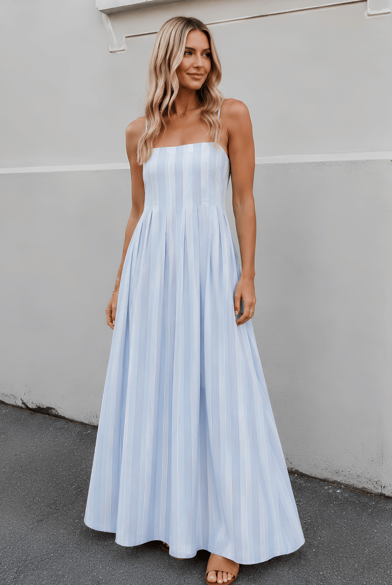 Women's blue stripe maxi dress front view by Esther & Co