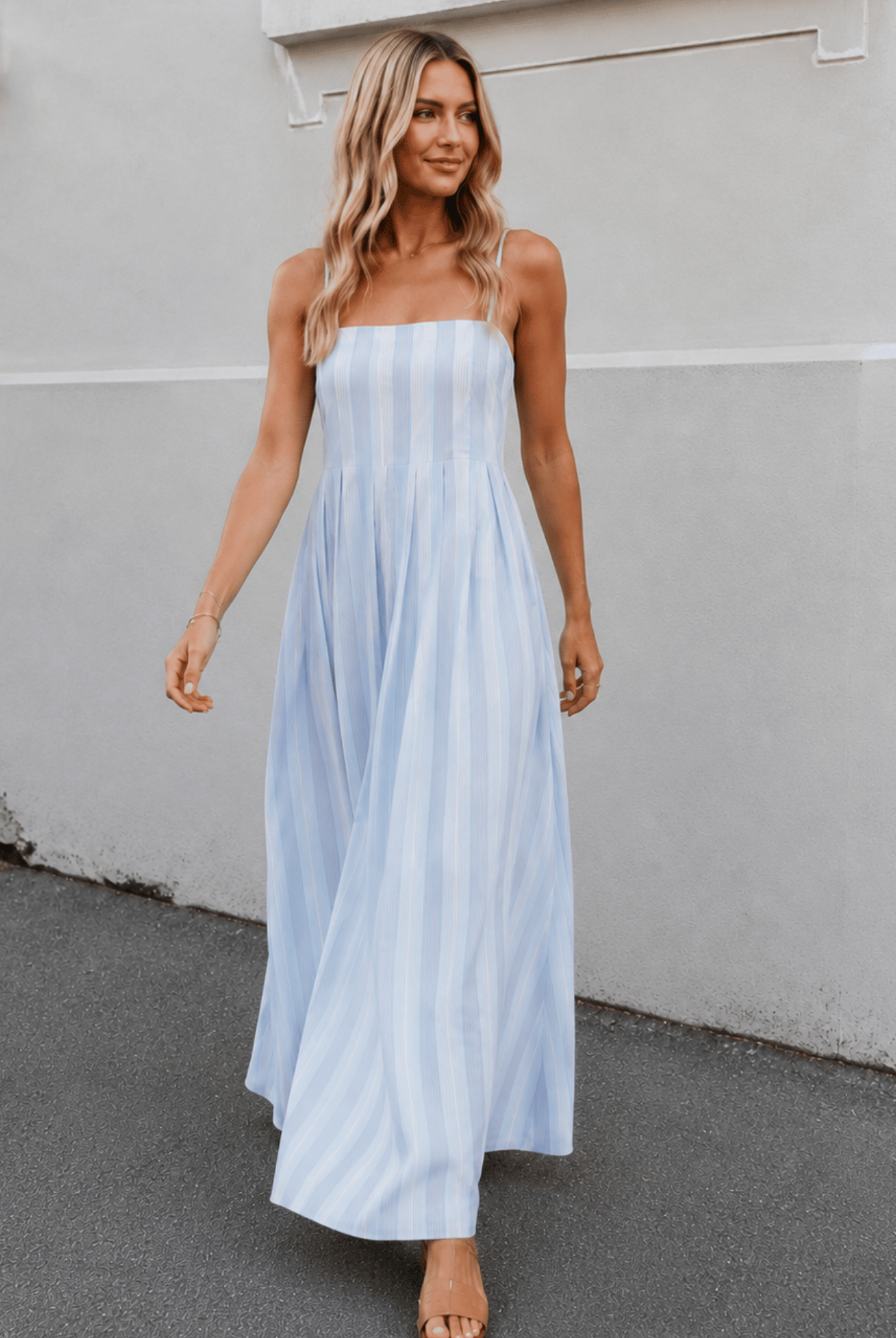 Women's blue stripe maxi dress, the Rhiannon Dress in Blue Stripe by Esther & Co