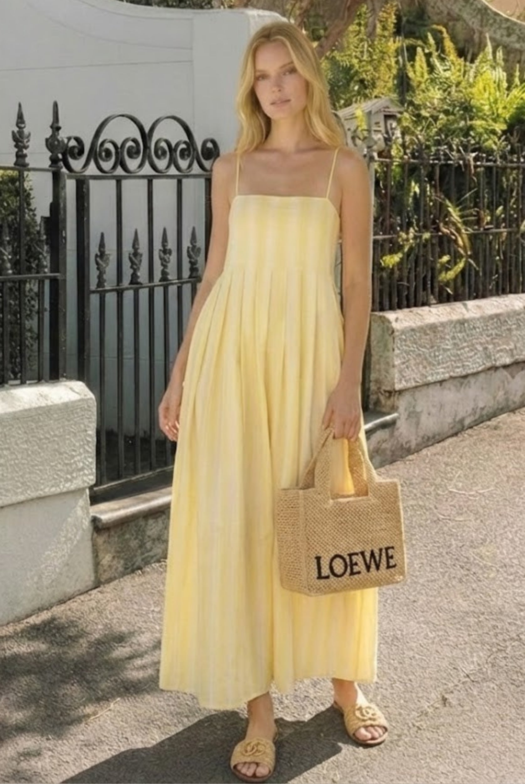 Women's yellow stripe maxi dress front view by Esther & Co