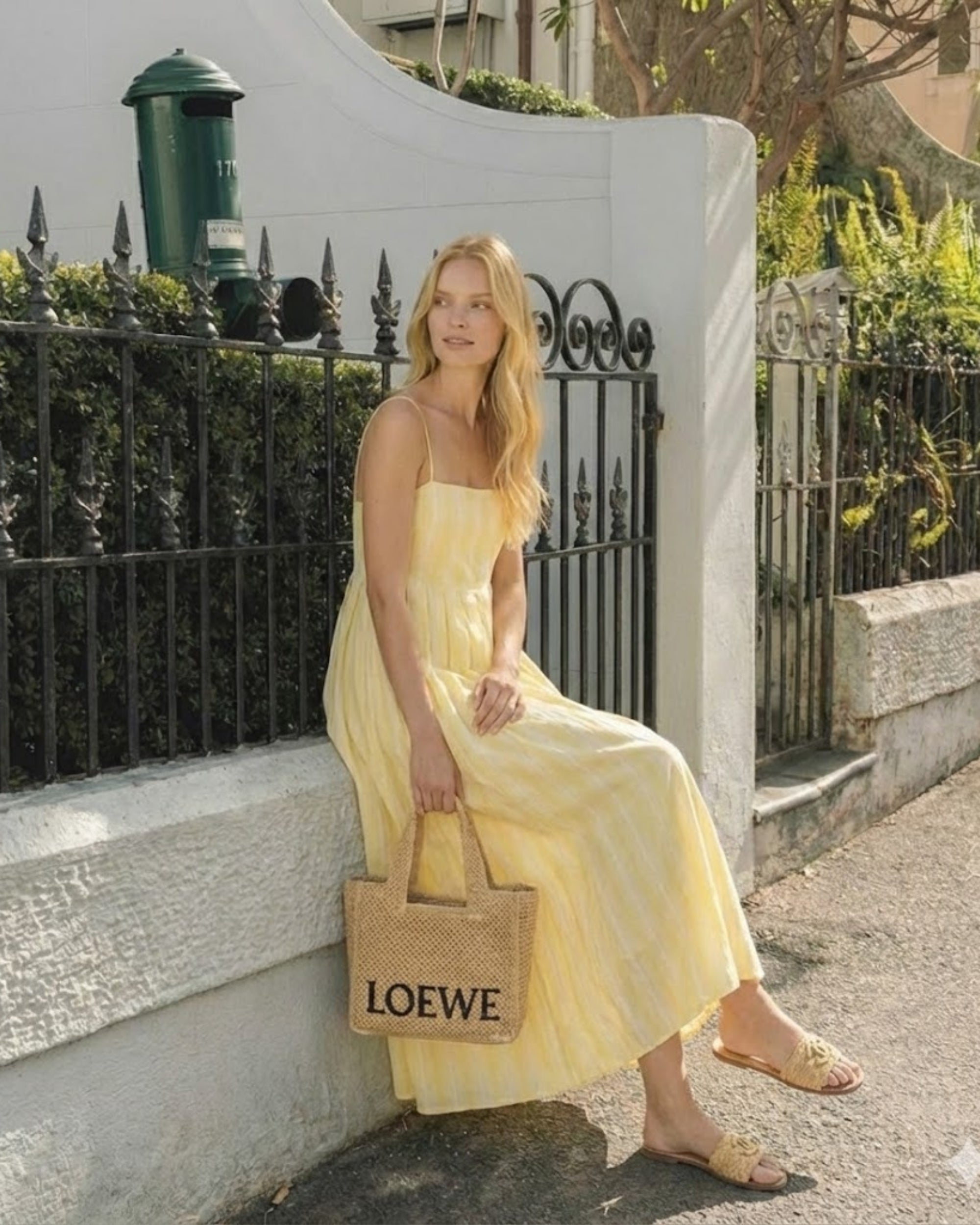 Women's yellow stripe maxi dress styled outfit by Esther & Co