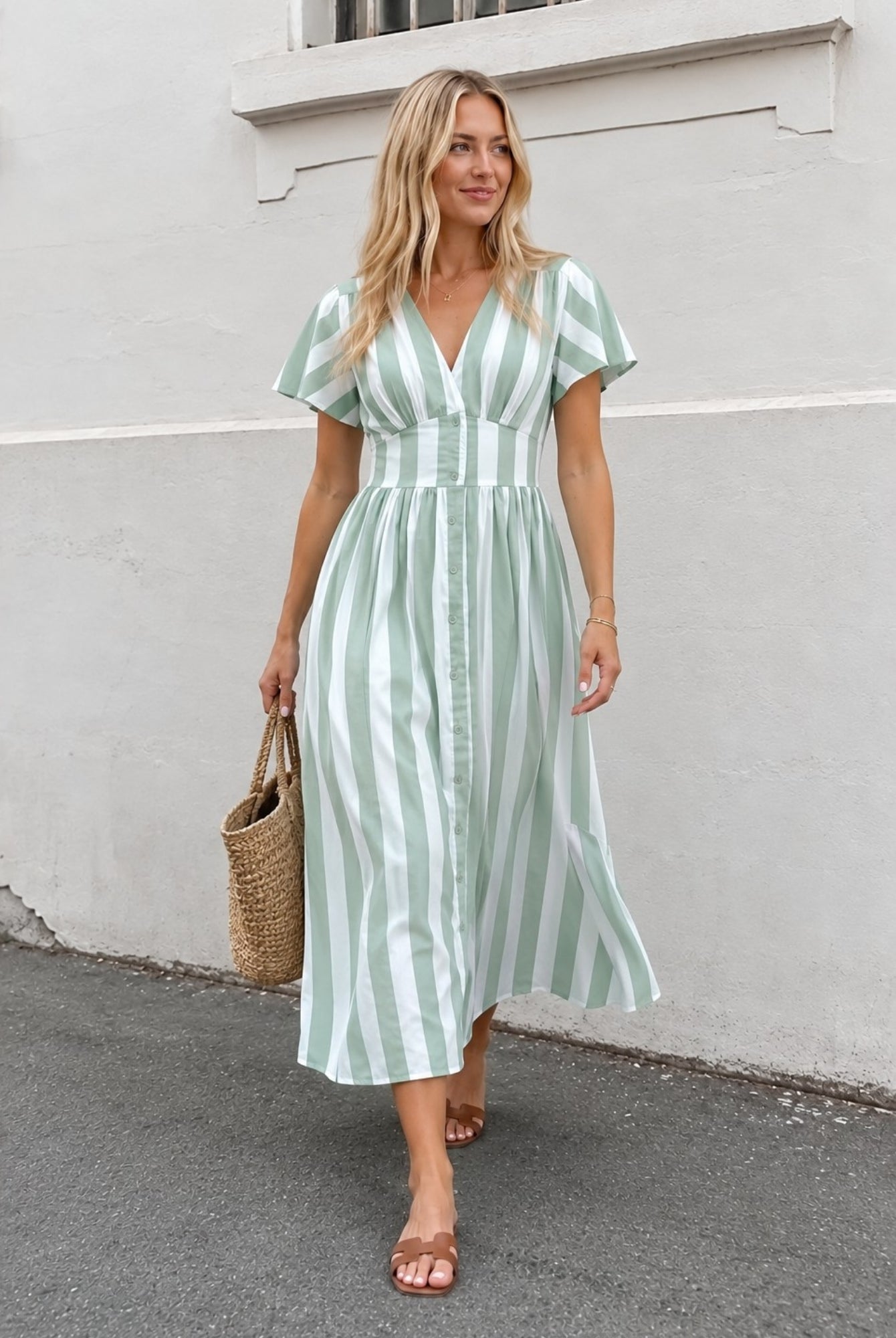 Women's green stripe button front midi dress front view by Esther & Co