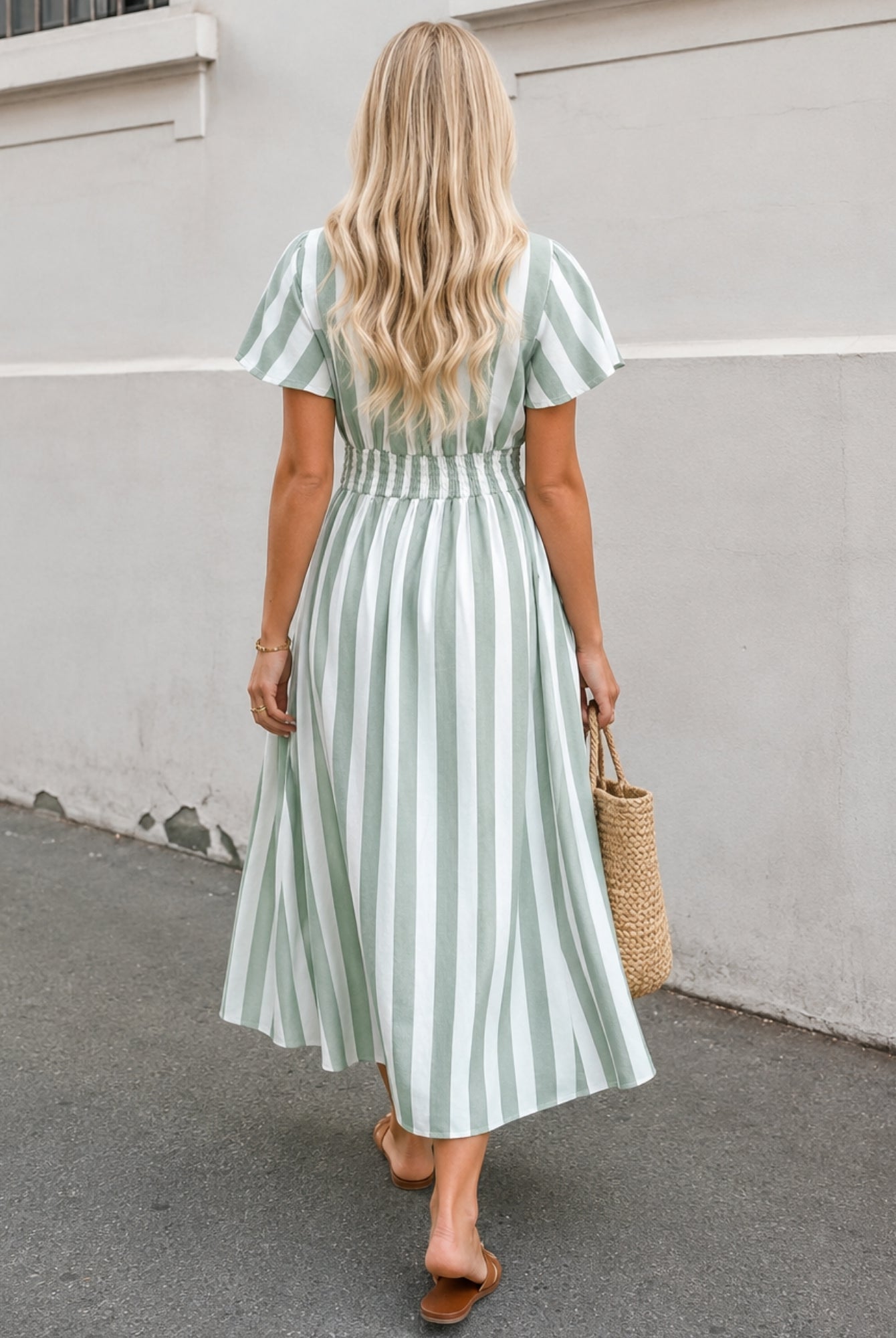 Women's green stripe midi dress with V-neckline detail by Esther & Co