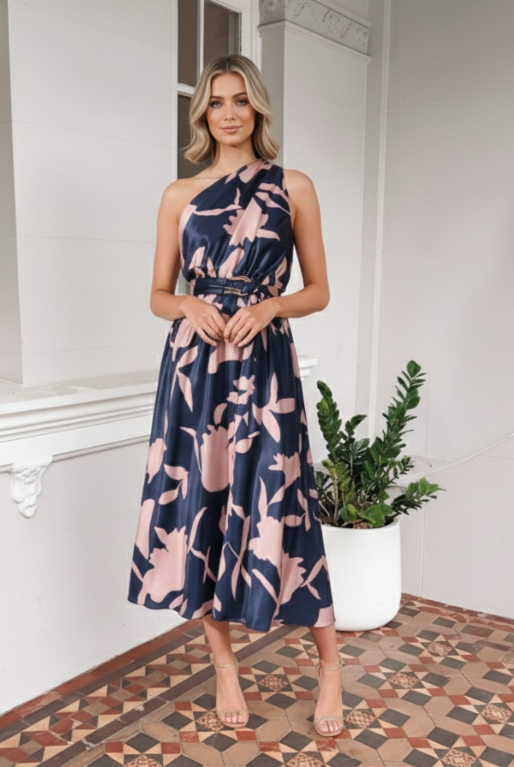 Women's pink floral one shoulder maxi dress front view by Esther & Co