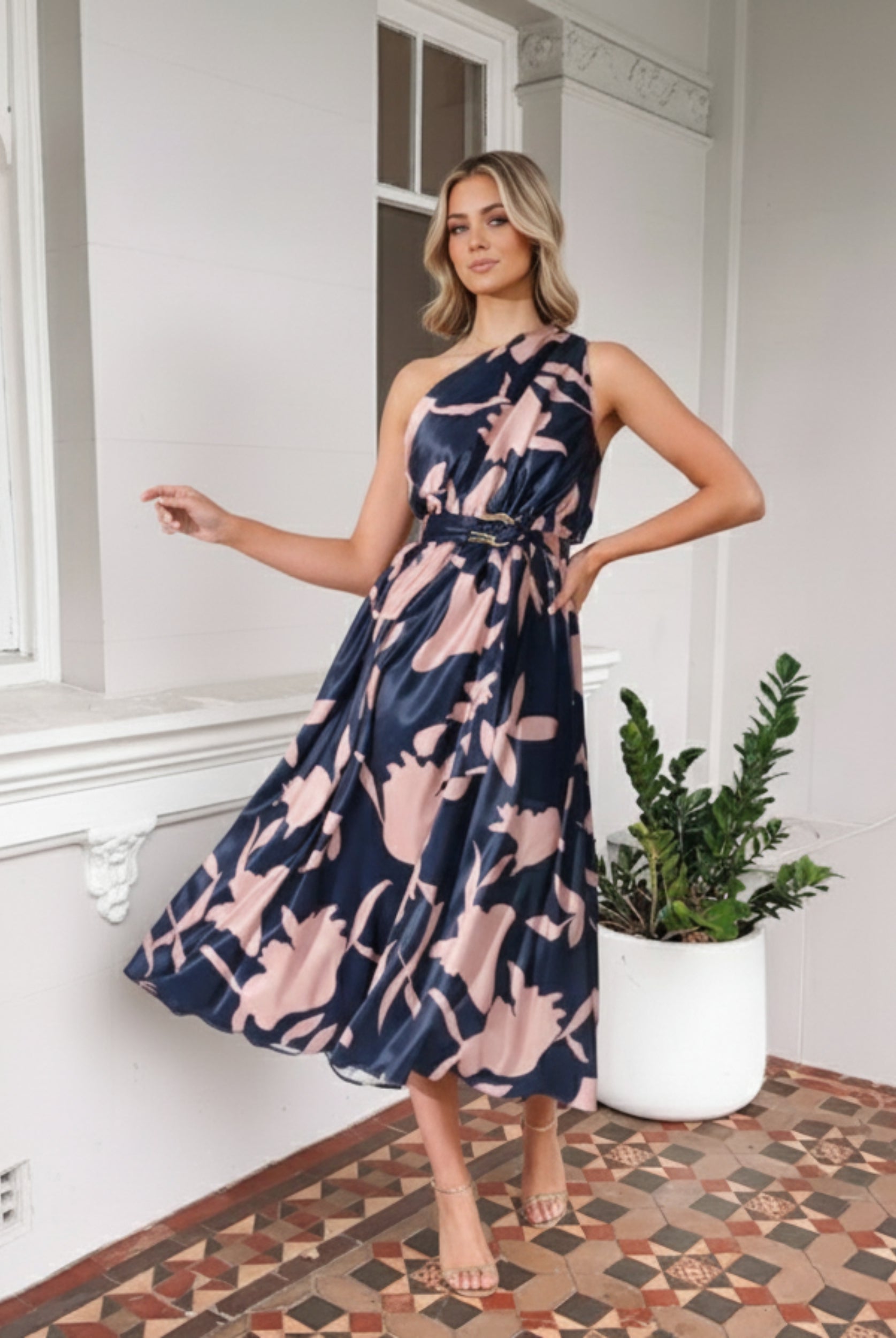 Women's pink floral one shoulder maxi dress, the Rosey Pink Floral Dress by Esther & Co