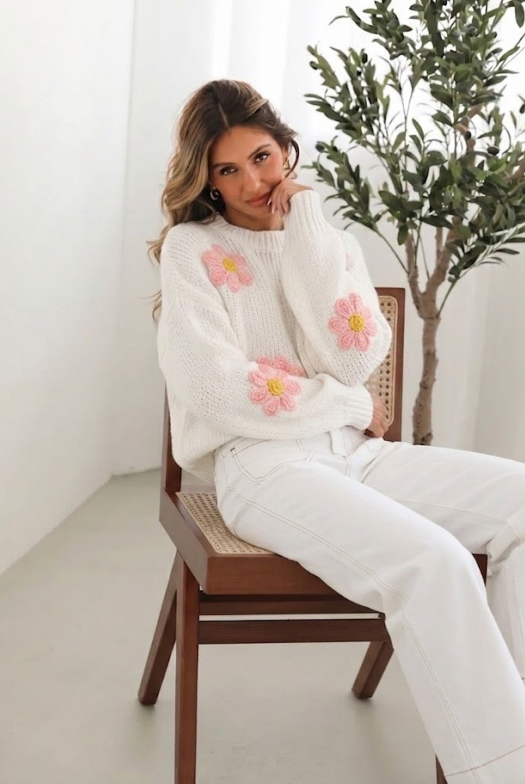 Ryland Knit in White Floral white knit with 3D crochet floral appliques side view