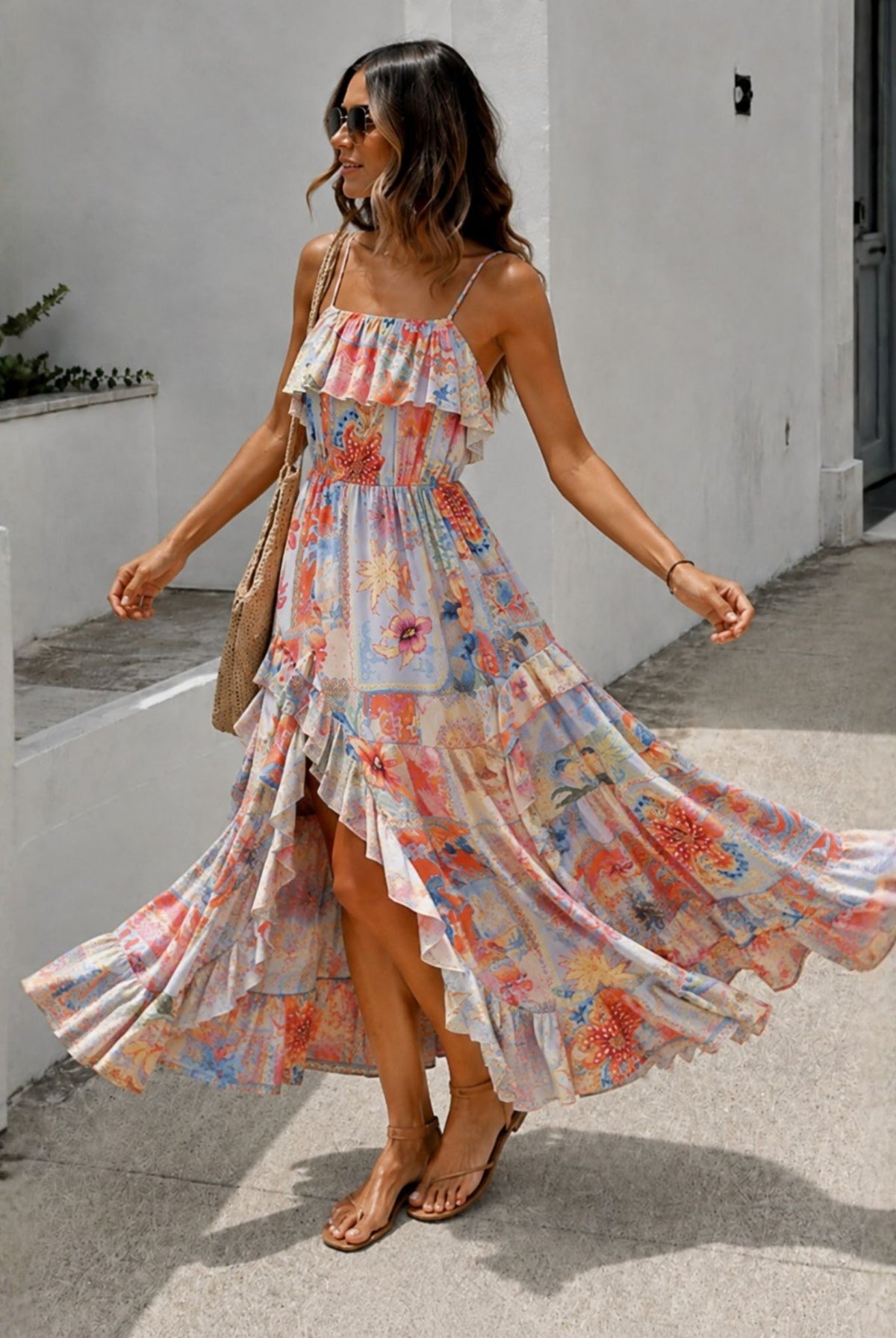 Women's floral print high low maxi dress front view, the Ryza Dress in Sunset Symphony by Esther & Co