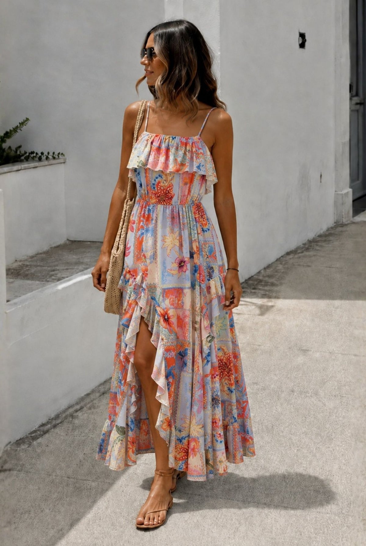 Women's printed high low maxi dress, the Ryza Dress in Sunset Symphony by Esther & Co
