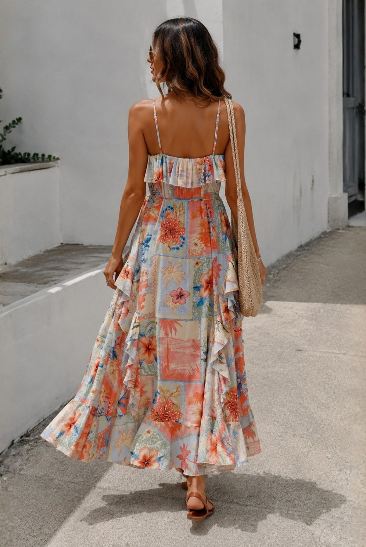 Women's printed maxi dress with ruffled neckline side view by Esther & Co