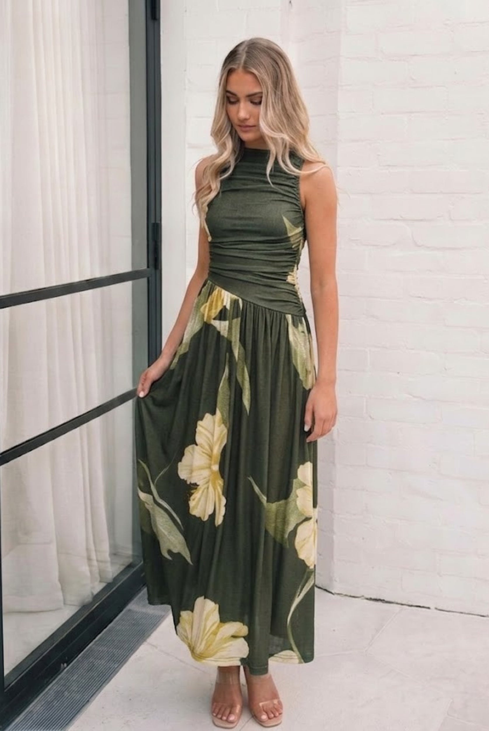 Sandrine Dress in Olive Floral womens floral maxi dress in olive with yellow botanical print front view