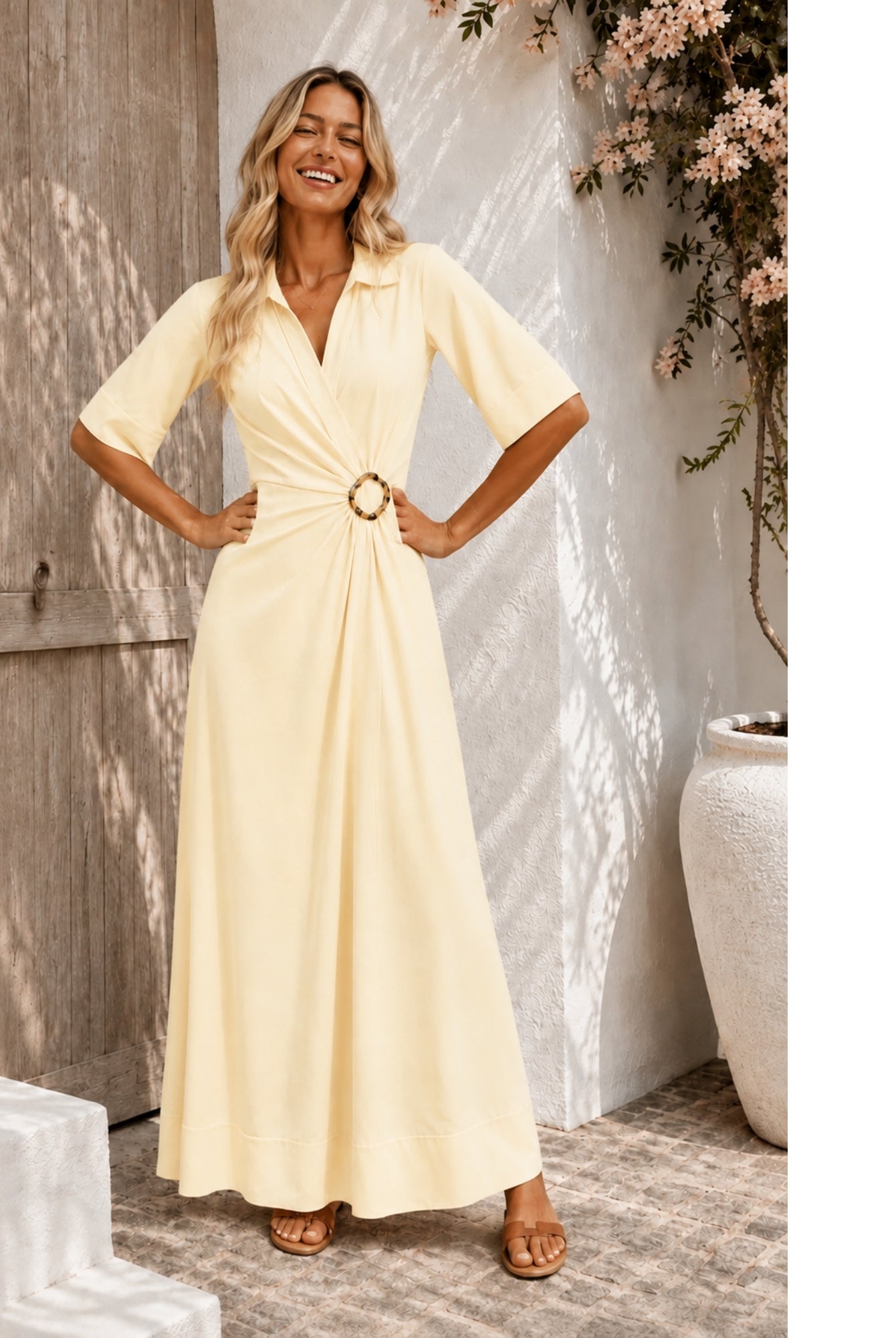 Women's pastel yellow v-neck wrap dress with tortoiseshell ring detail, the Sephora Dress in Buttercream by Esther & Co