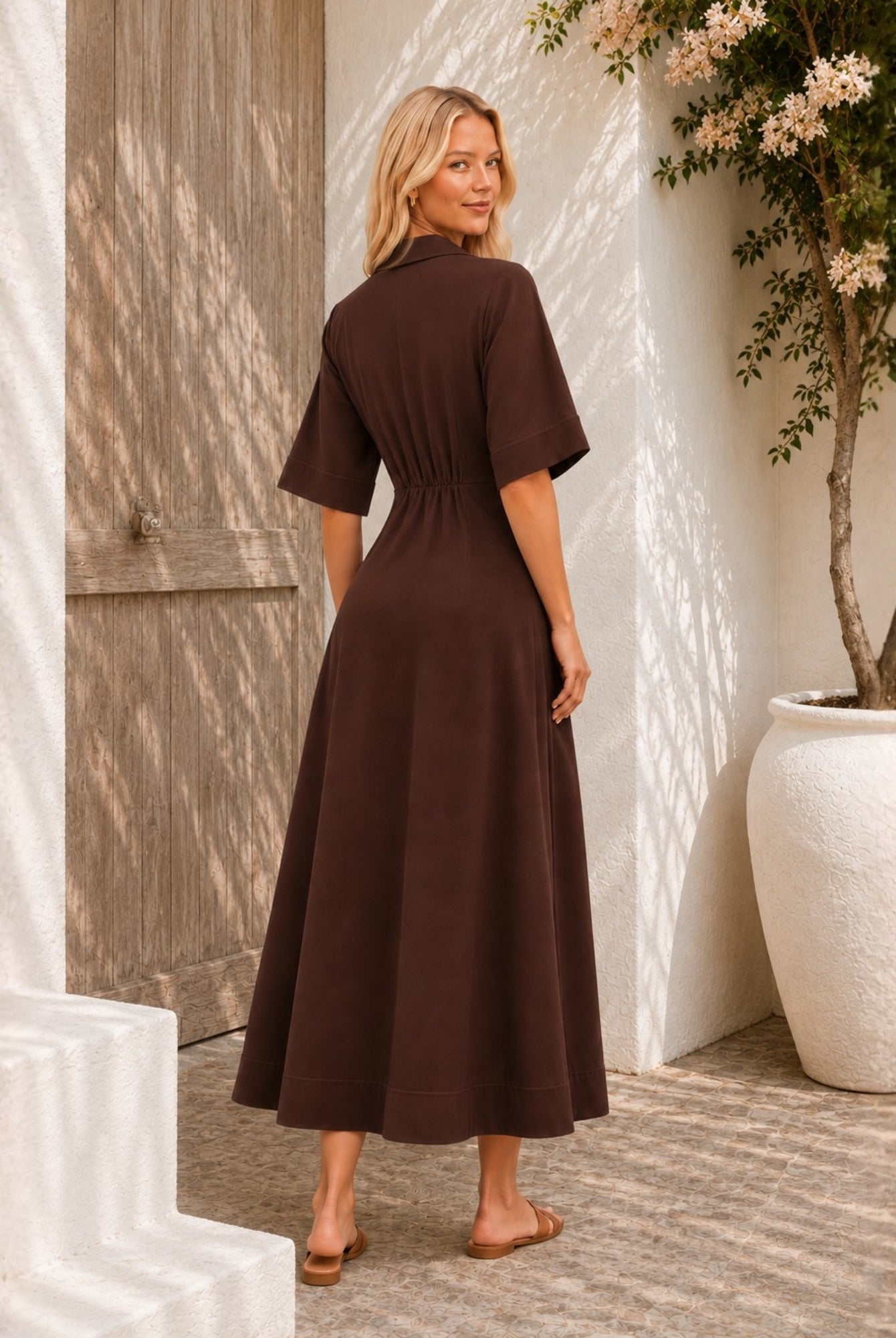 Women's chocolate brown v-neck wrap dress with collar, the Sephora Dress in Choco by Esther & Co