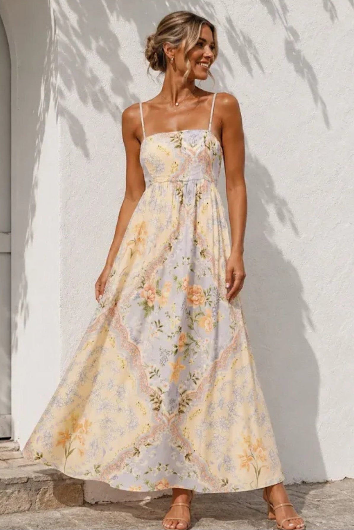 Women's printed square neck maxi dress, the Seraphine Dress in Summer Daydream by Esther & Co