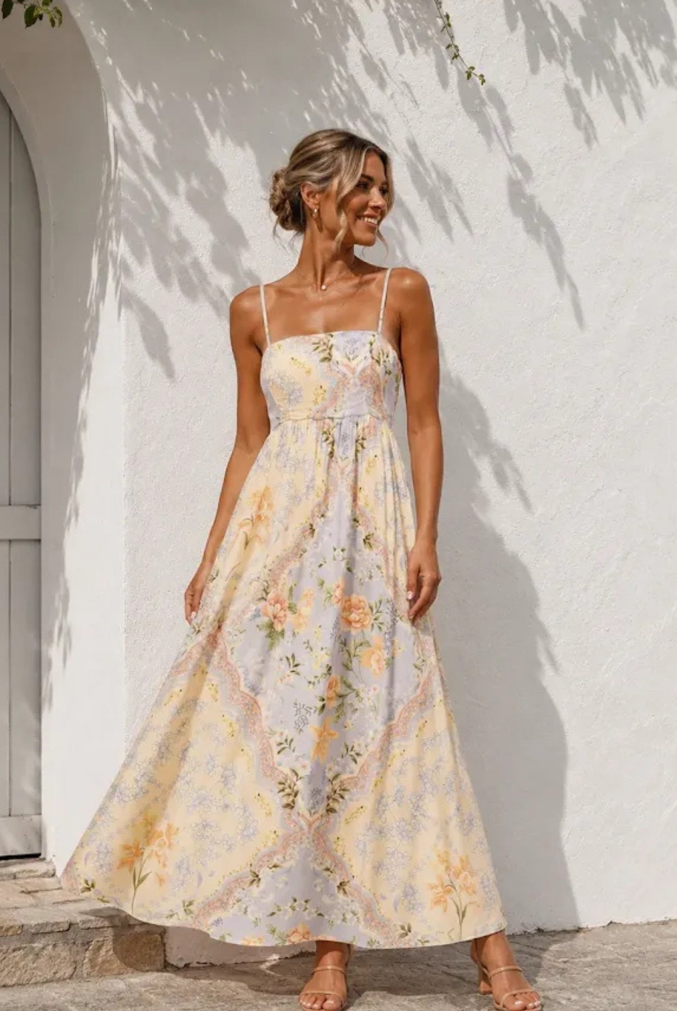 Women's printed square neck maxi dress, the Seraphine Dress in Summer Daydream by Esther & Co