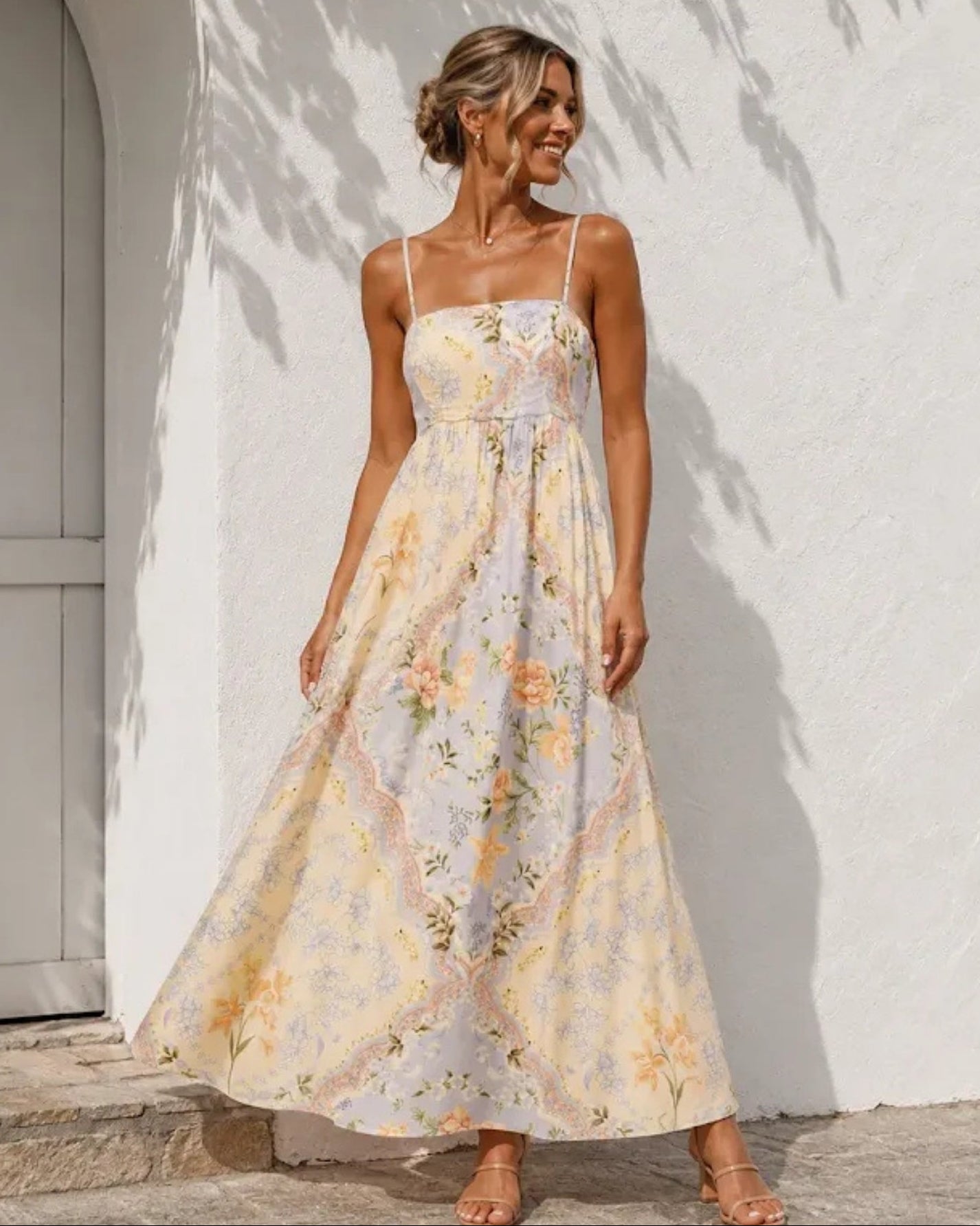 Women's printed square neck maxi dress, the Seraphine Dress in Summer Daydream by Esther & Co