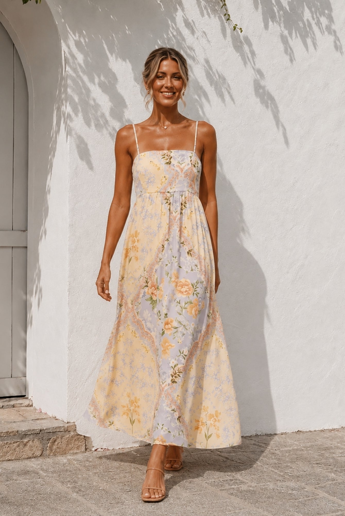 Women's Summer Daydream print maxi dress side view by Esther & Co