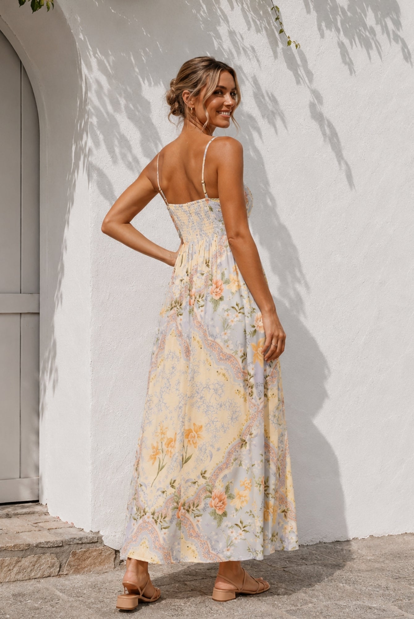 Women's printed maxi dress with square neckline styled outfit by Esther & Co