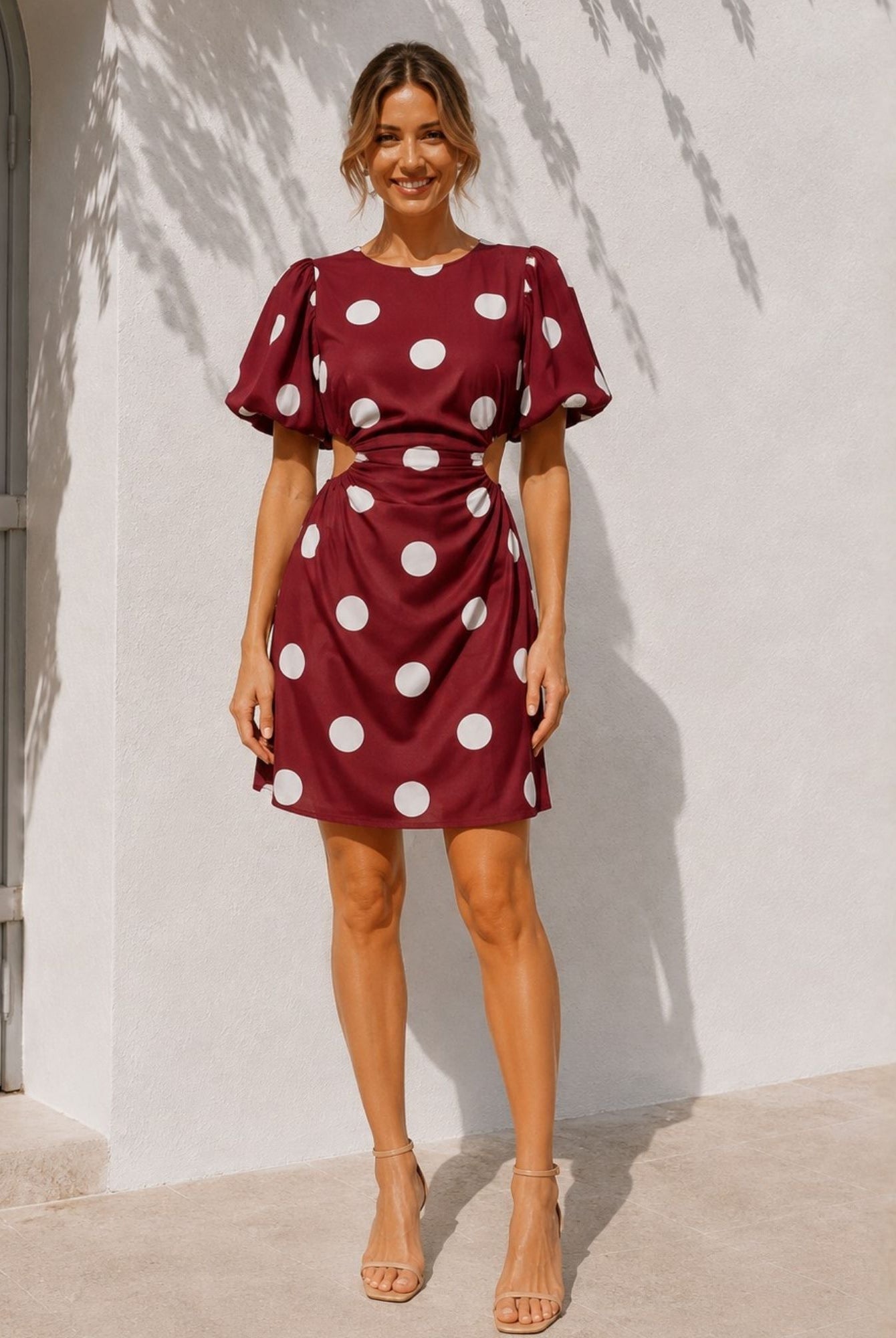 Women's wine spot puff sleeve mini dress side view by Esther & Co