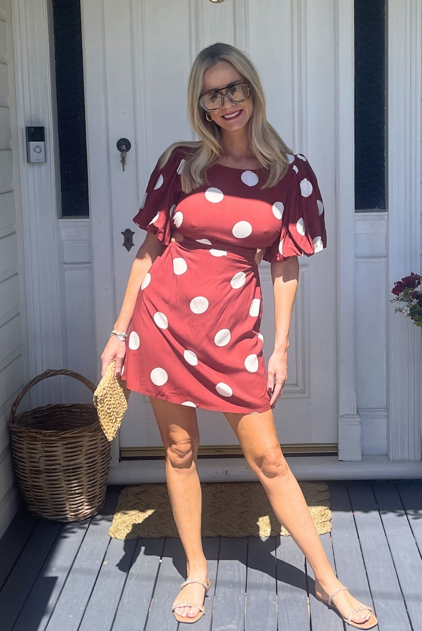 Women's wine polka dot puff sleeve mini dress, the Shahnaz Wine Spot Dress by Esther & Co
