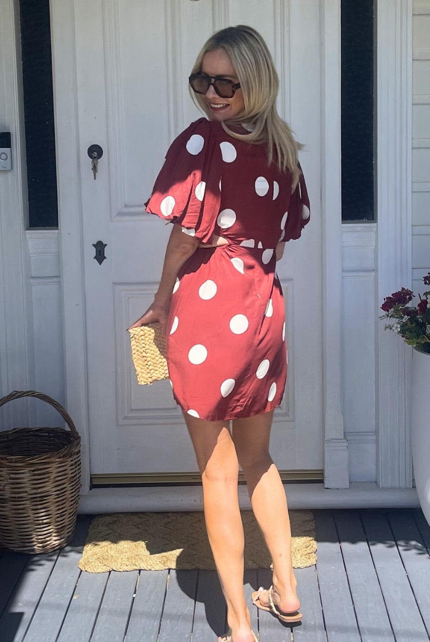 Women's wine spot mini dress back view by Esther & Co