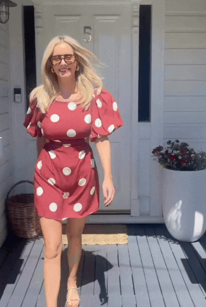 Women's wine spot puff sleeve mini dress front view by Esther & Co
