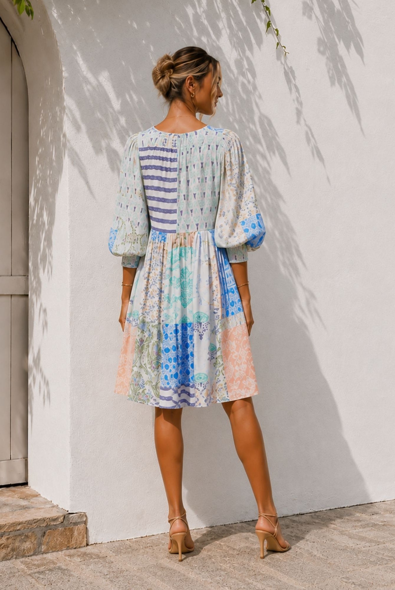 Women's multi print midi dress styled outfit by Esther & Co