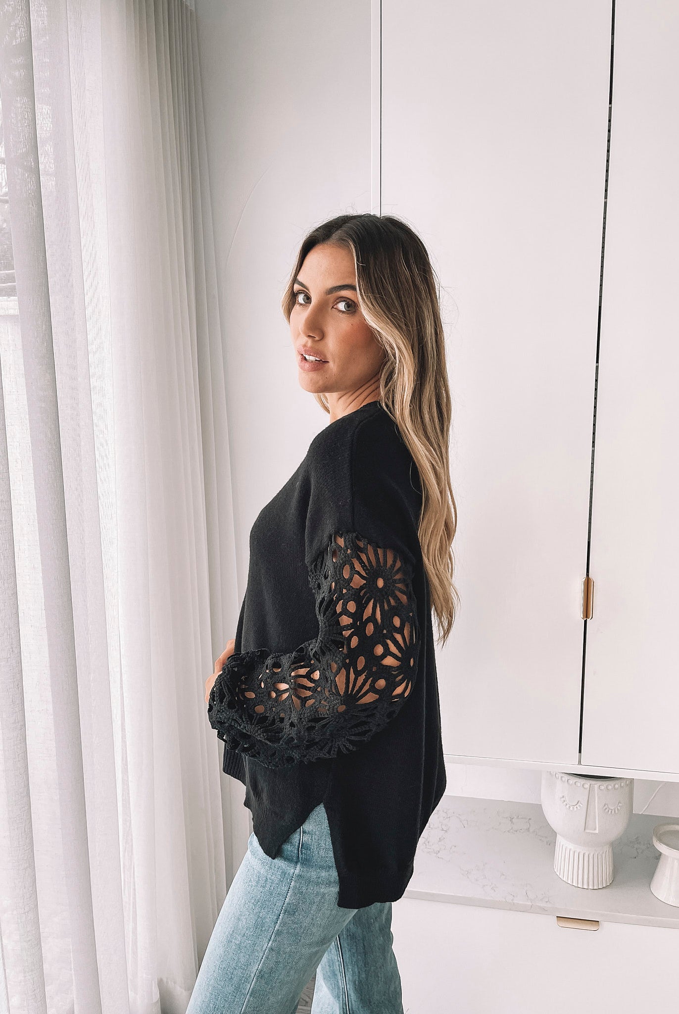 Sharisse Knit in Black womens black lace sleeve knit styled outfit