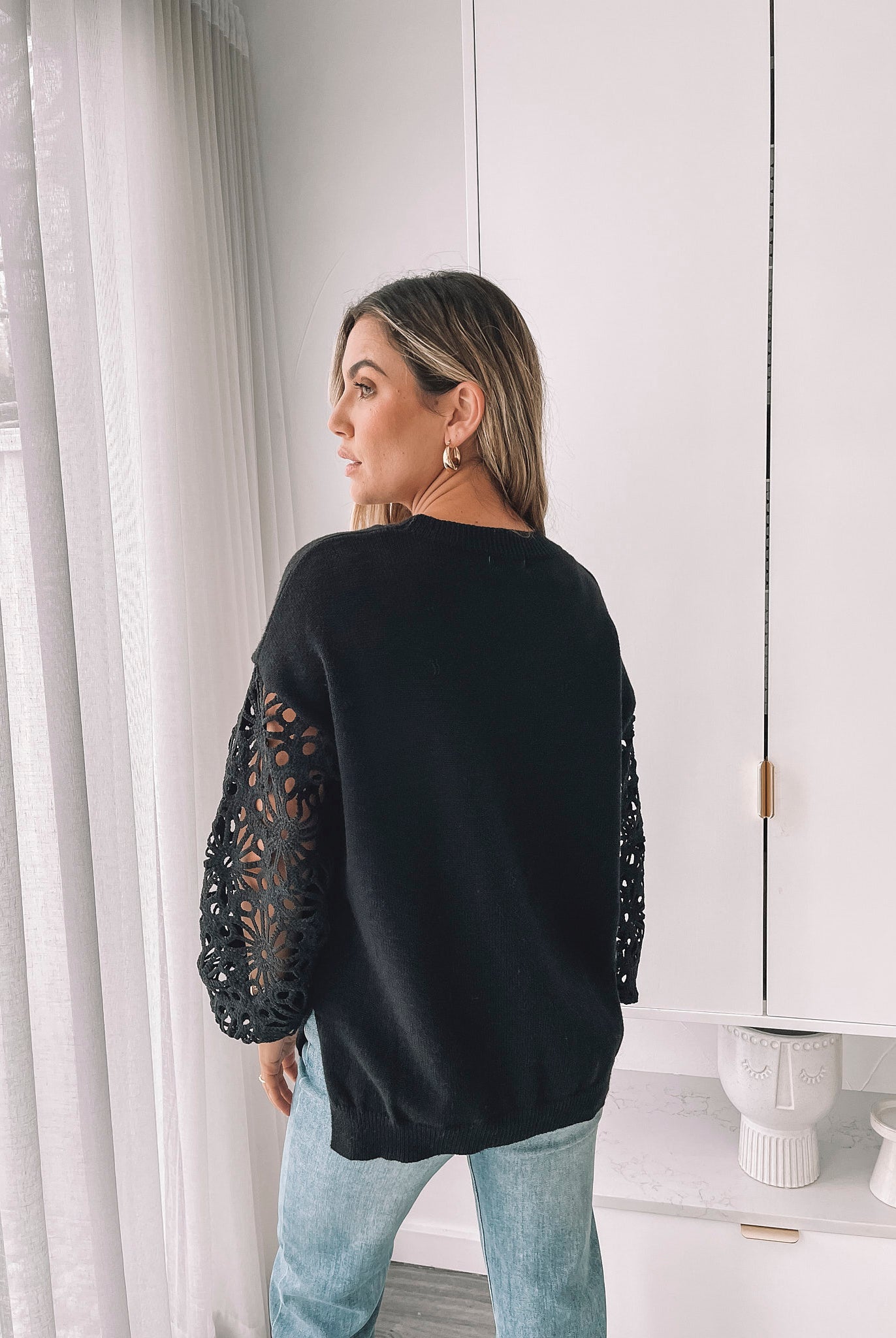 Sharisse Knit in Black black relaxed fit knit with lace sleeves back view