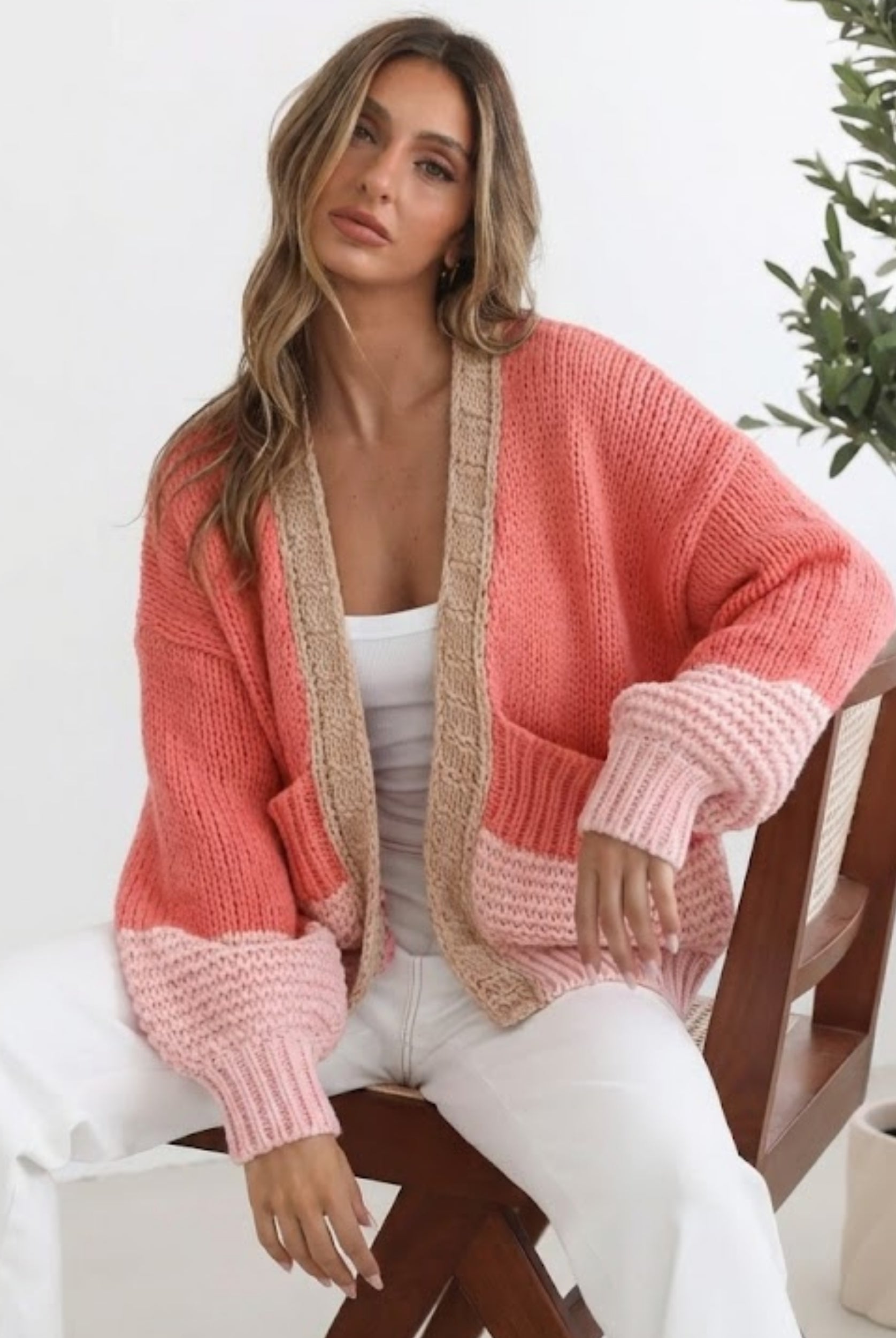 Sheona Cardigan in Peach Multi womens open-front knit cardigan in peach and pink front view