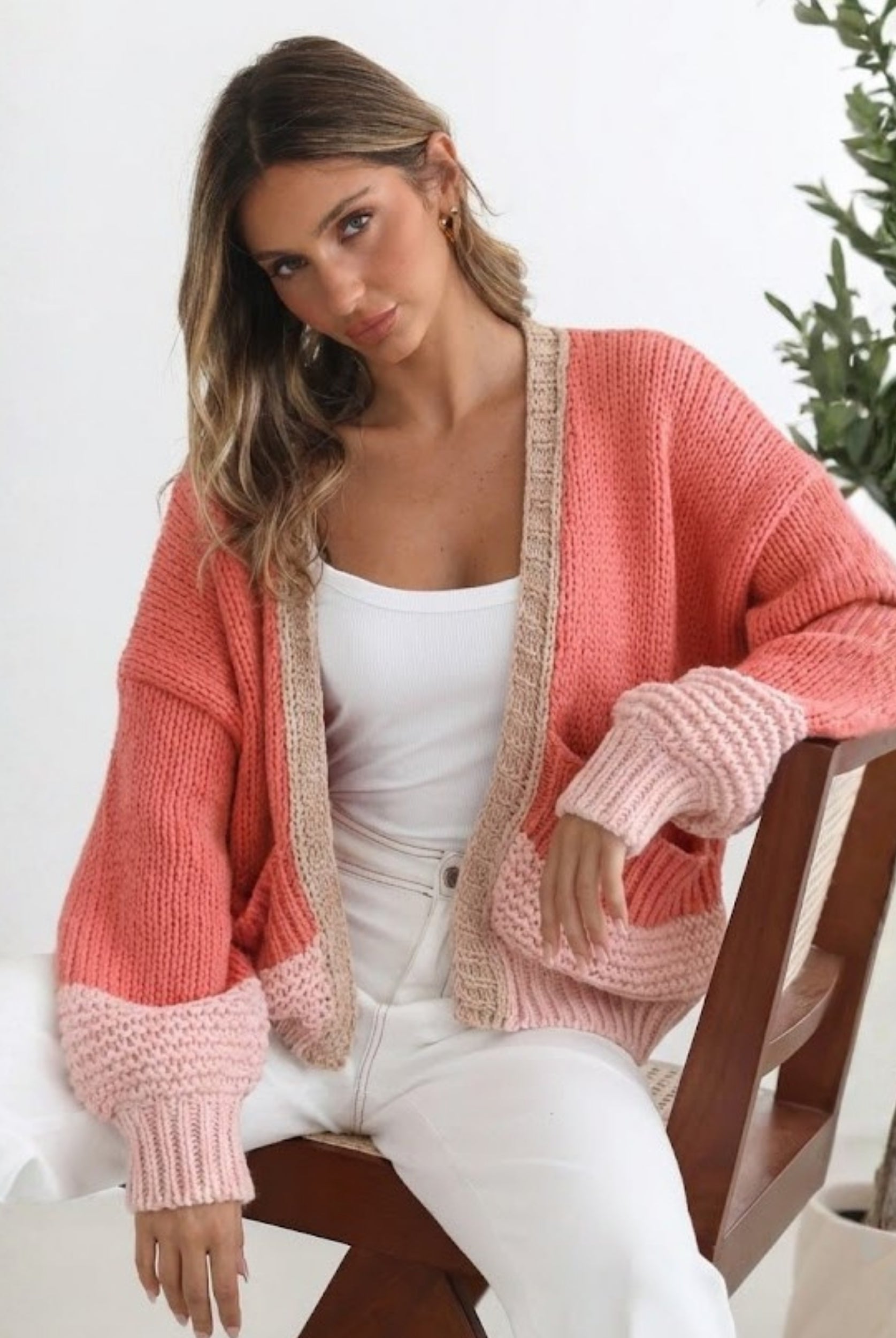 Sheona Cardigan in Peach Multi soft peach open-front knit cardigan side view