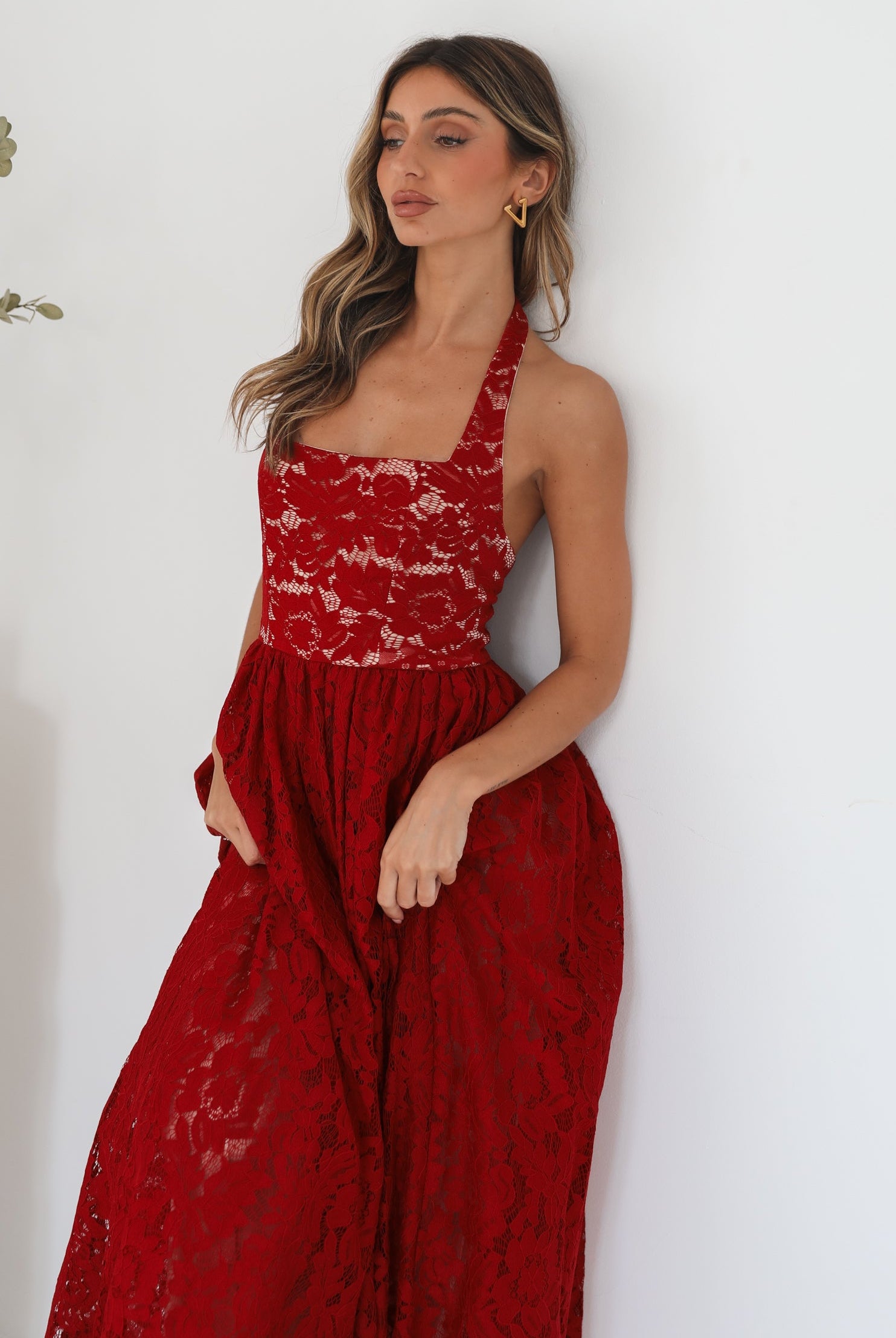 Women's red print halter maxi dress back view by Esther & Co