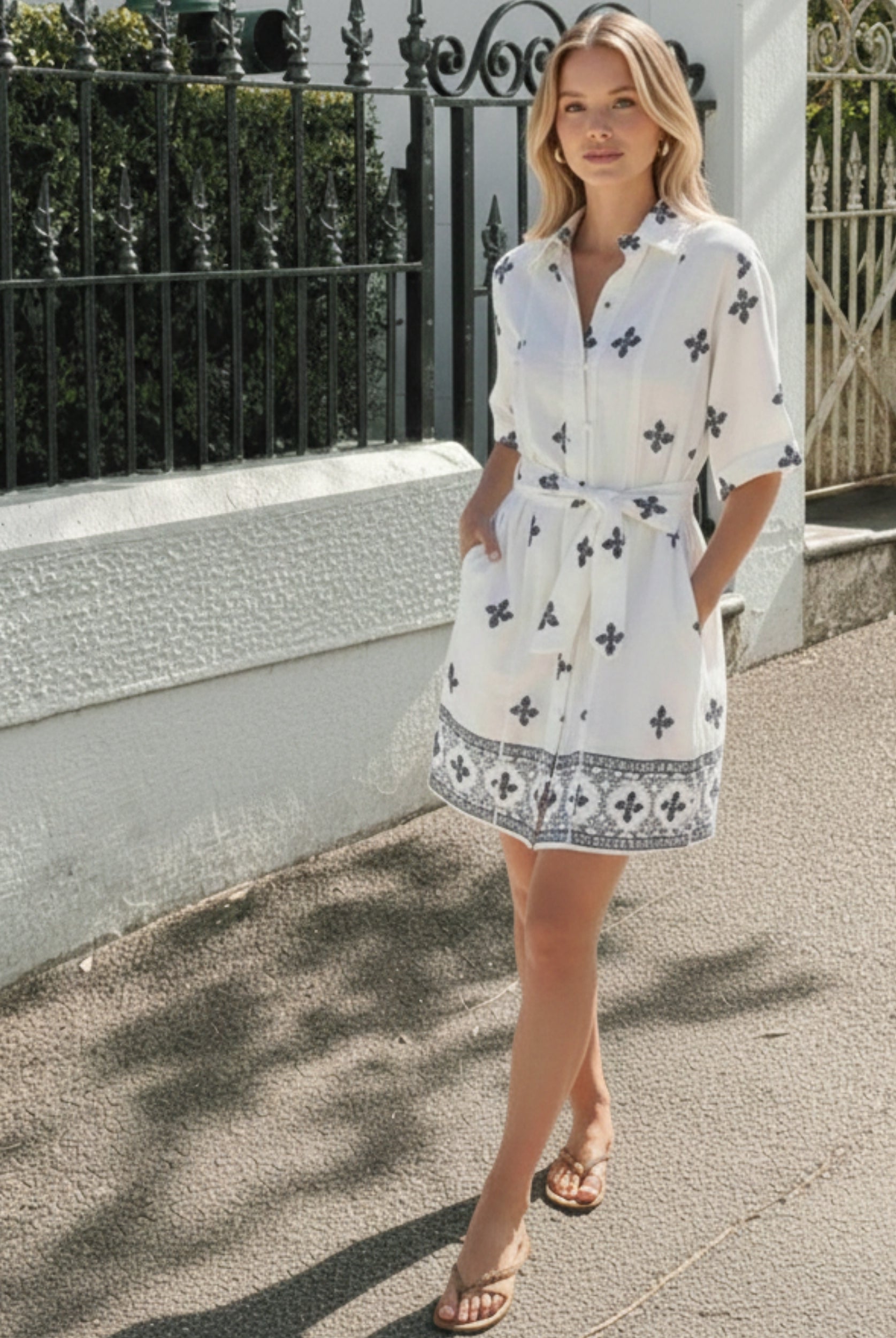 Women's cream floral shirt dress side view by Esther & Co