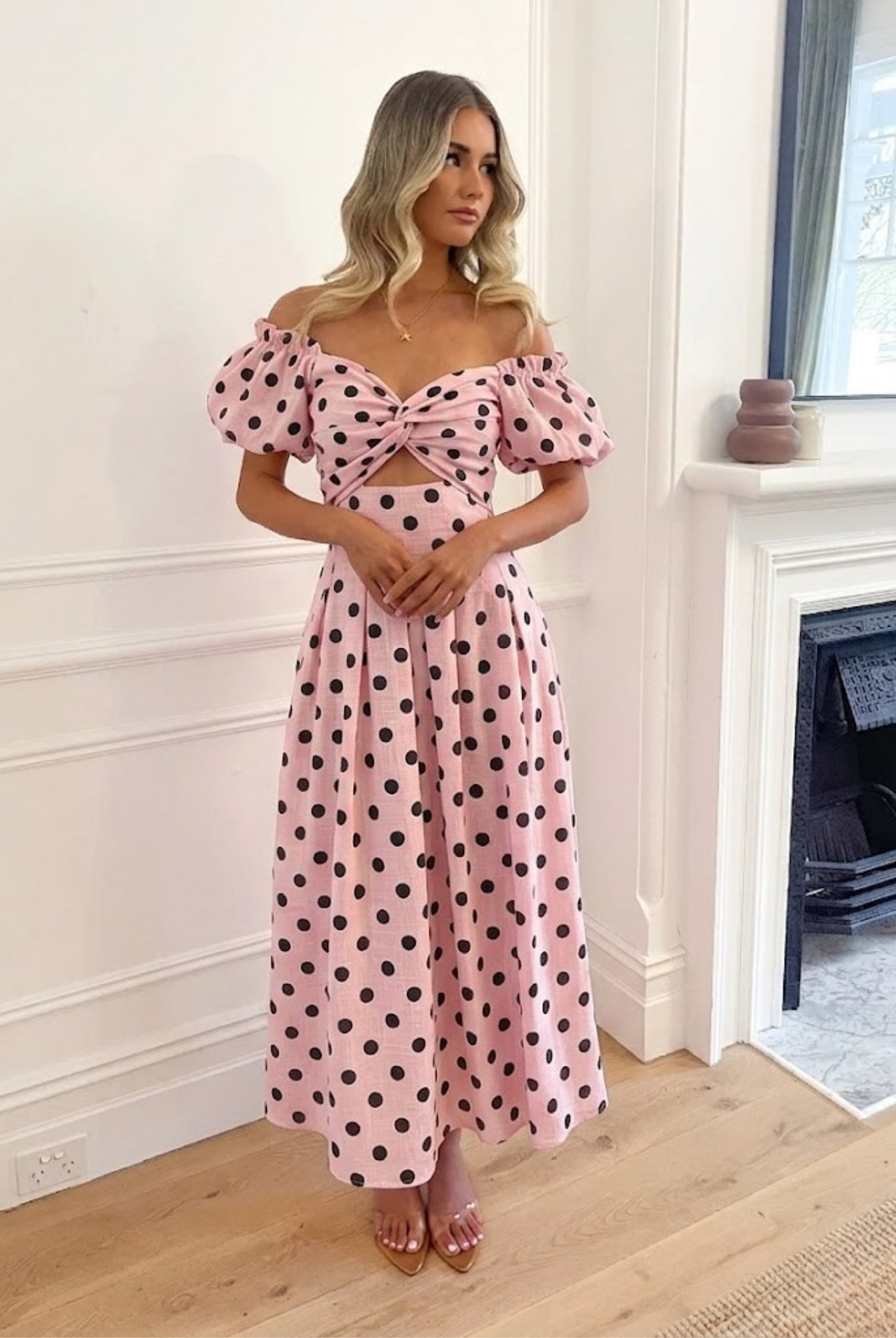 Women's pink spot cotton midi dress, the Soheila Dress in Pink Spot by Esther & Co