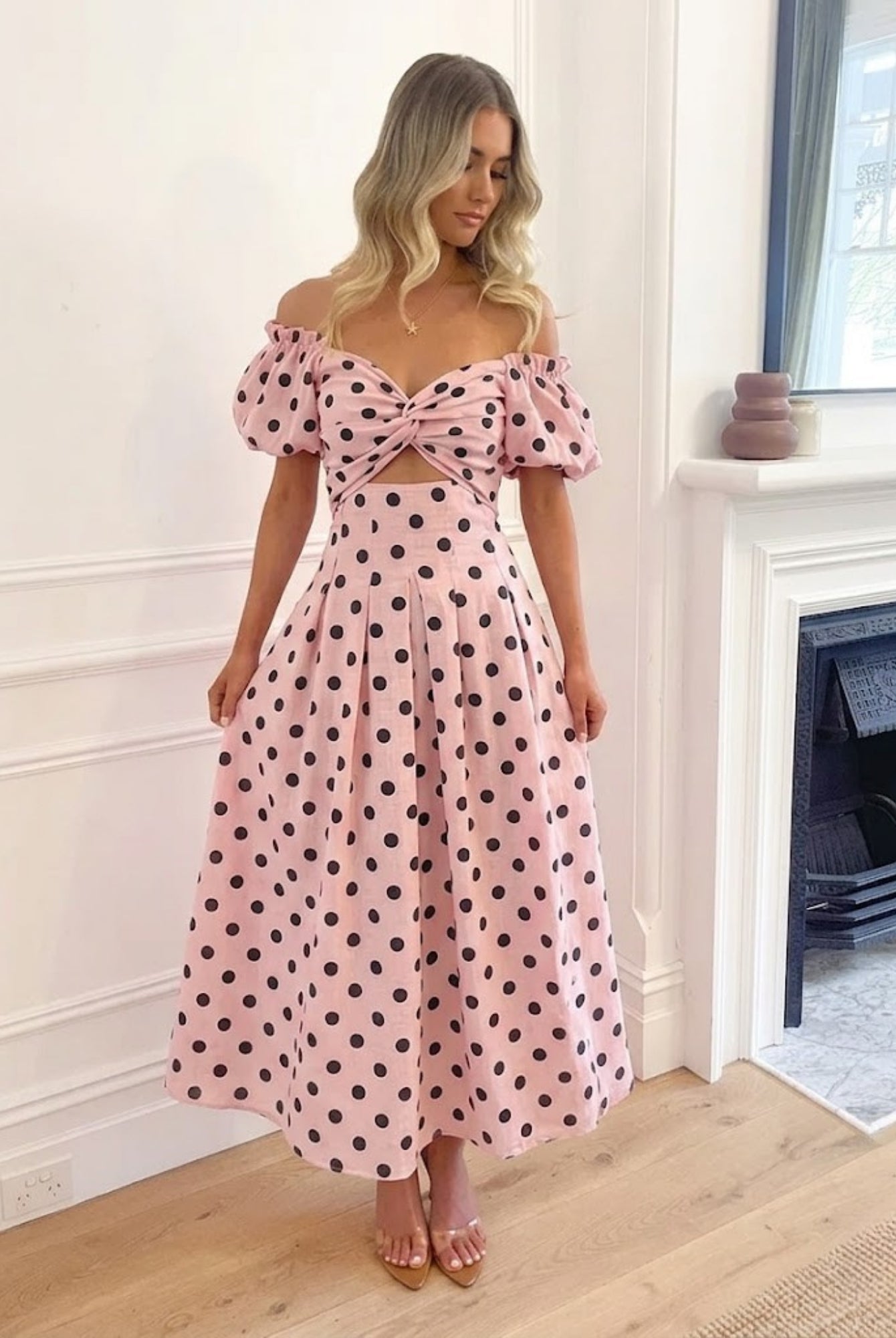 Women's pink spot cotton midi dress side view by Esther & Co
