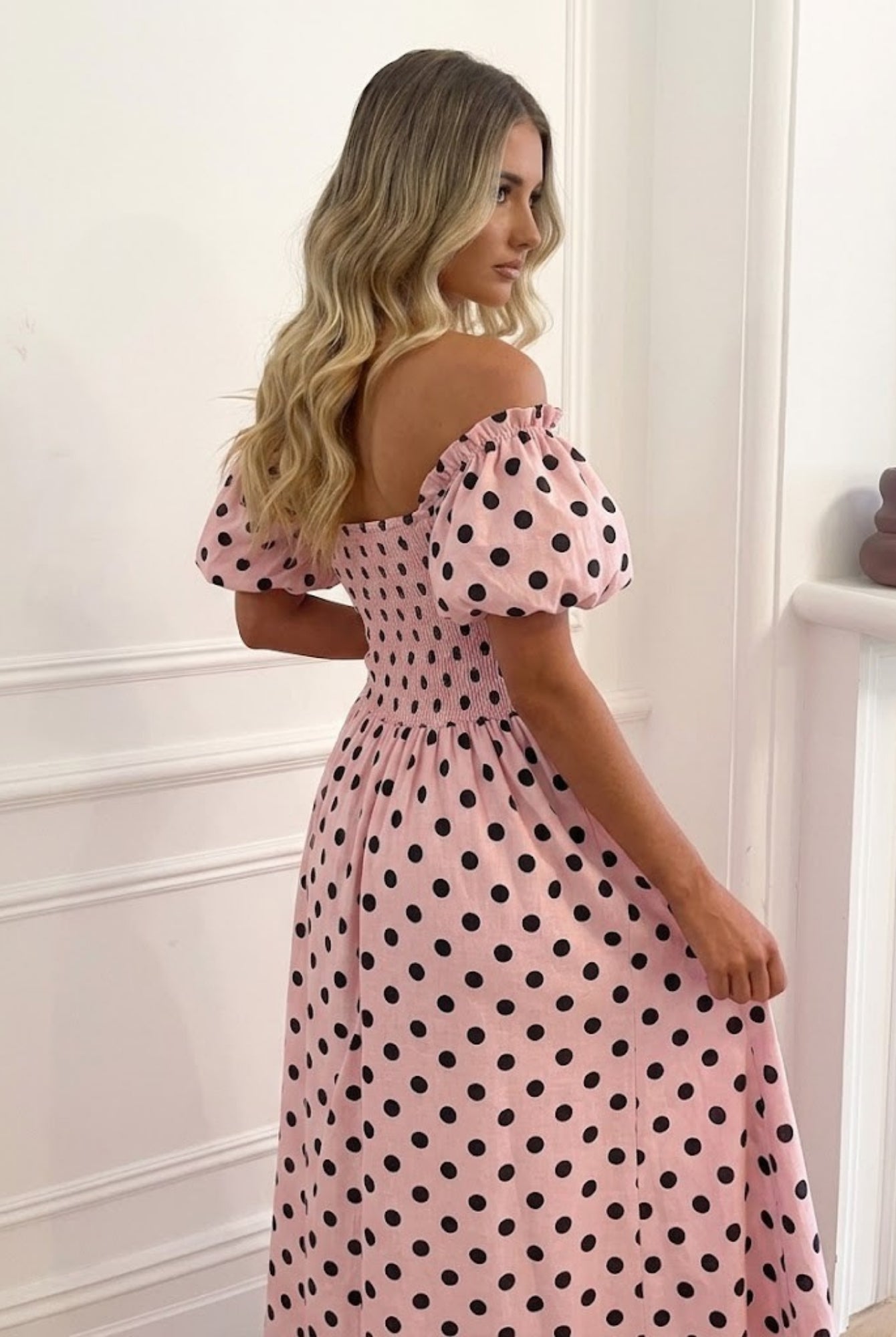 Women's pink spot cotton midi dress styled outfit by Esther & Co