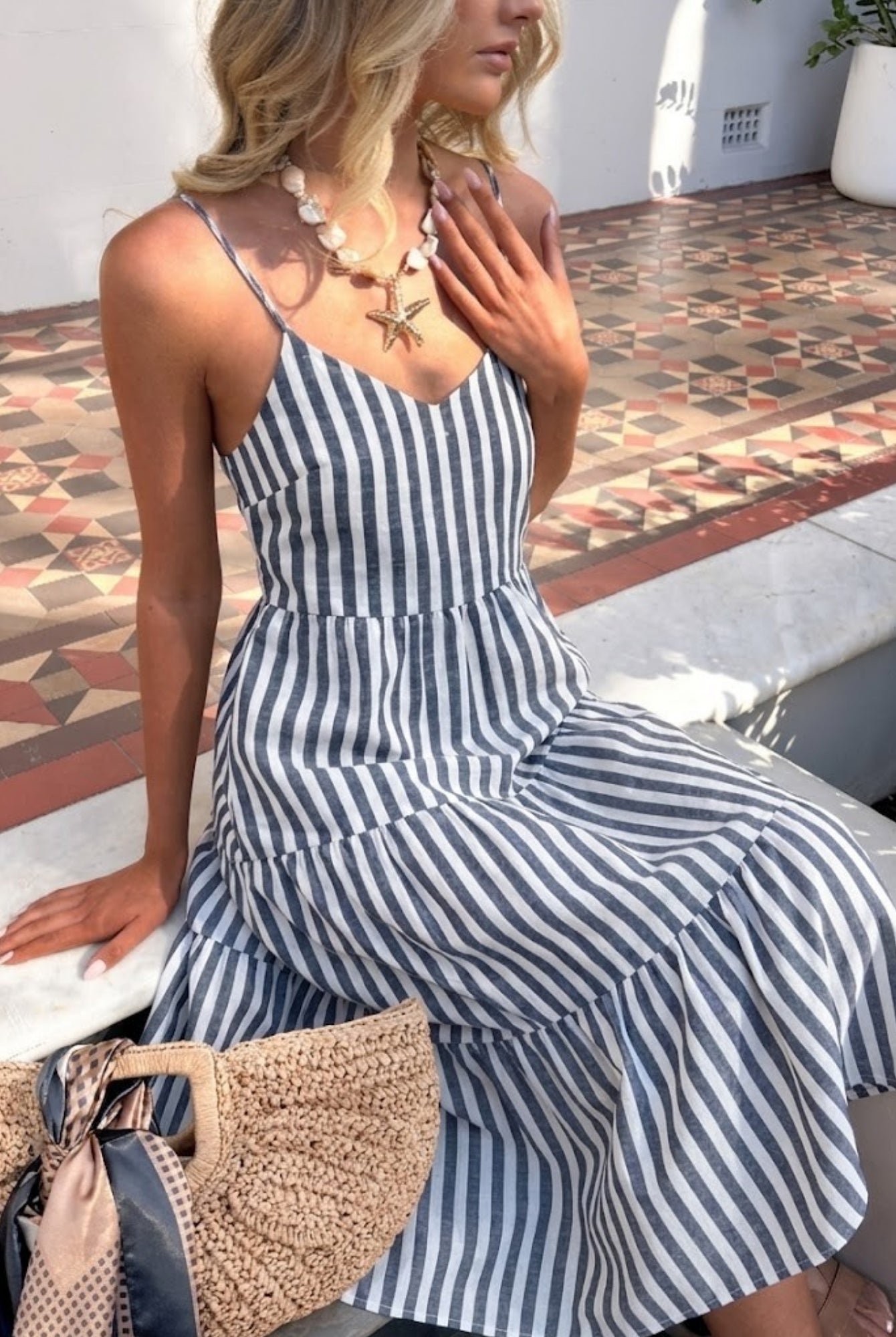 Sona Dress in Navy Stripe womens navy stripe linen midi styled outfit