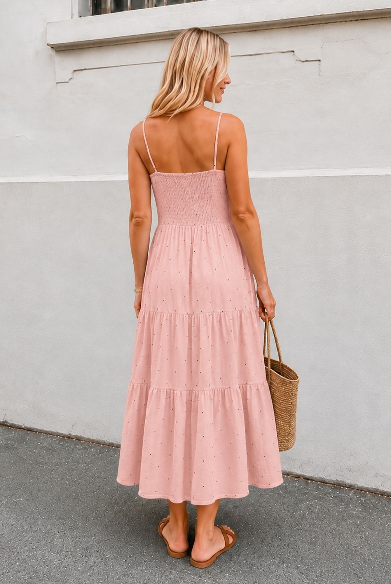 Women's pink spot print dress front view by Esther & Co