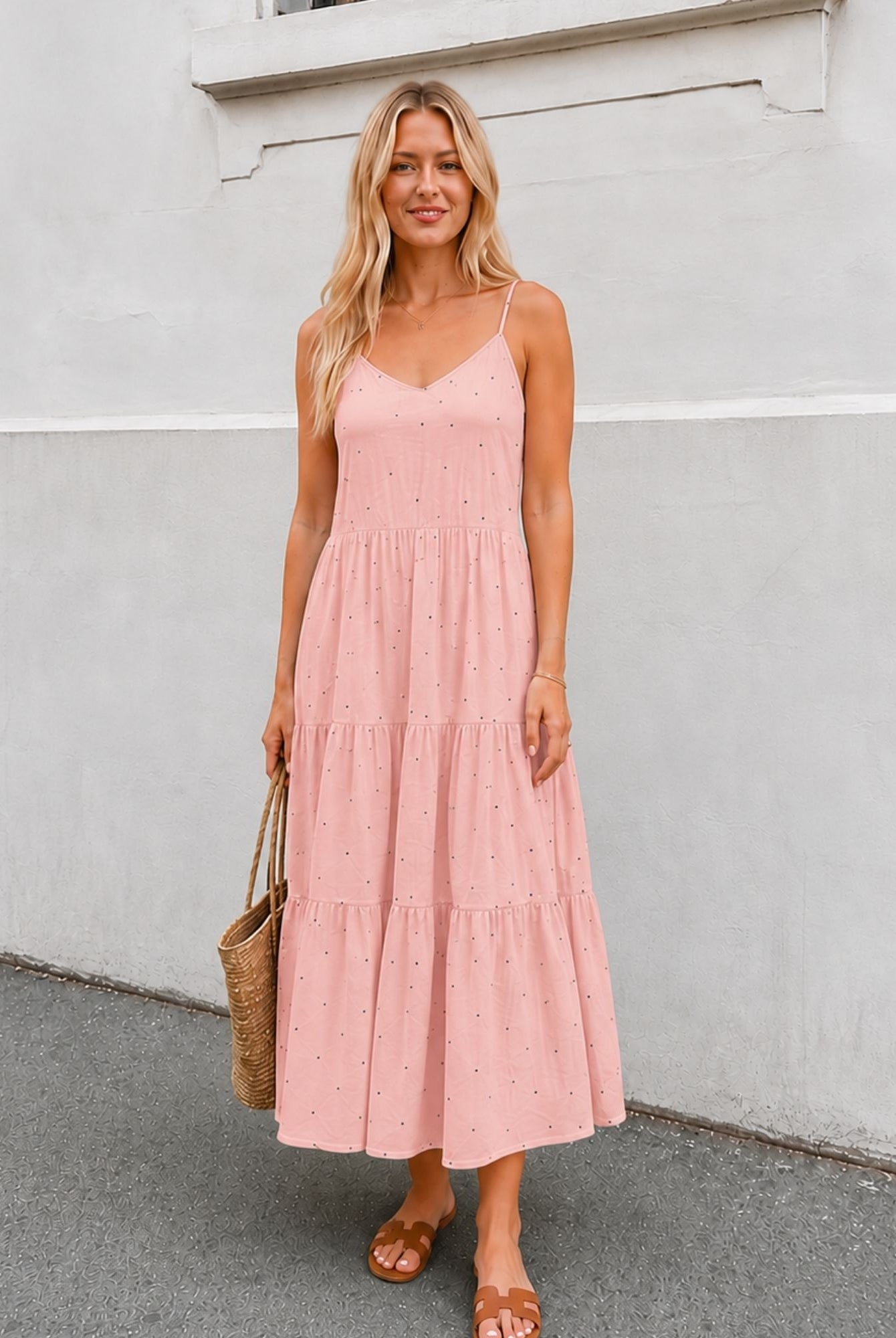 Women's pink spot dress styled outfit by Esther & Co